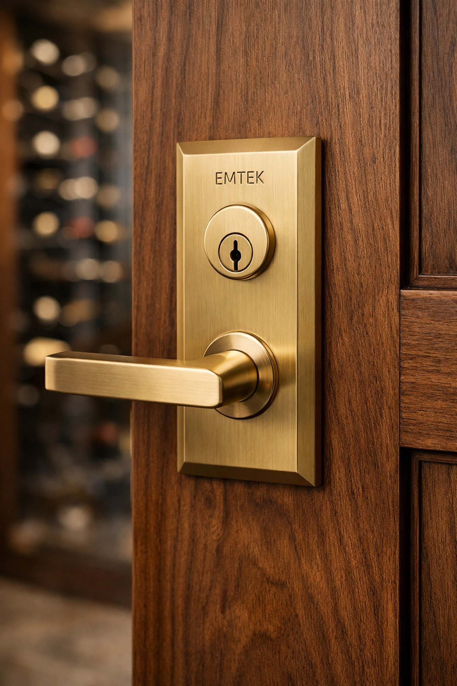 Luxury Emtek gold door handle on a custom walnut wine cellar door for a premium finish.
