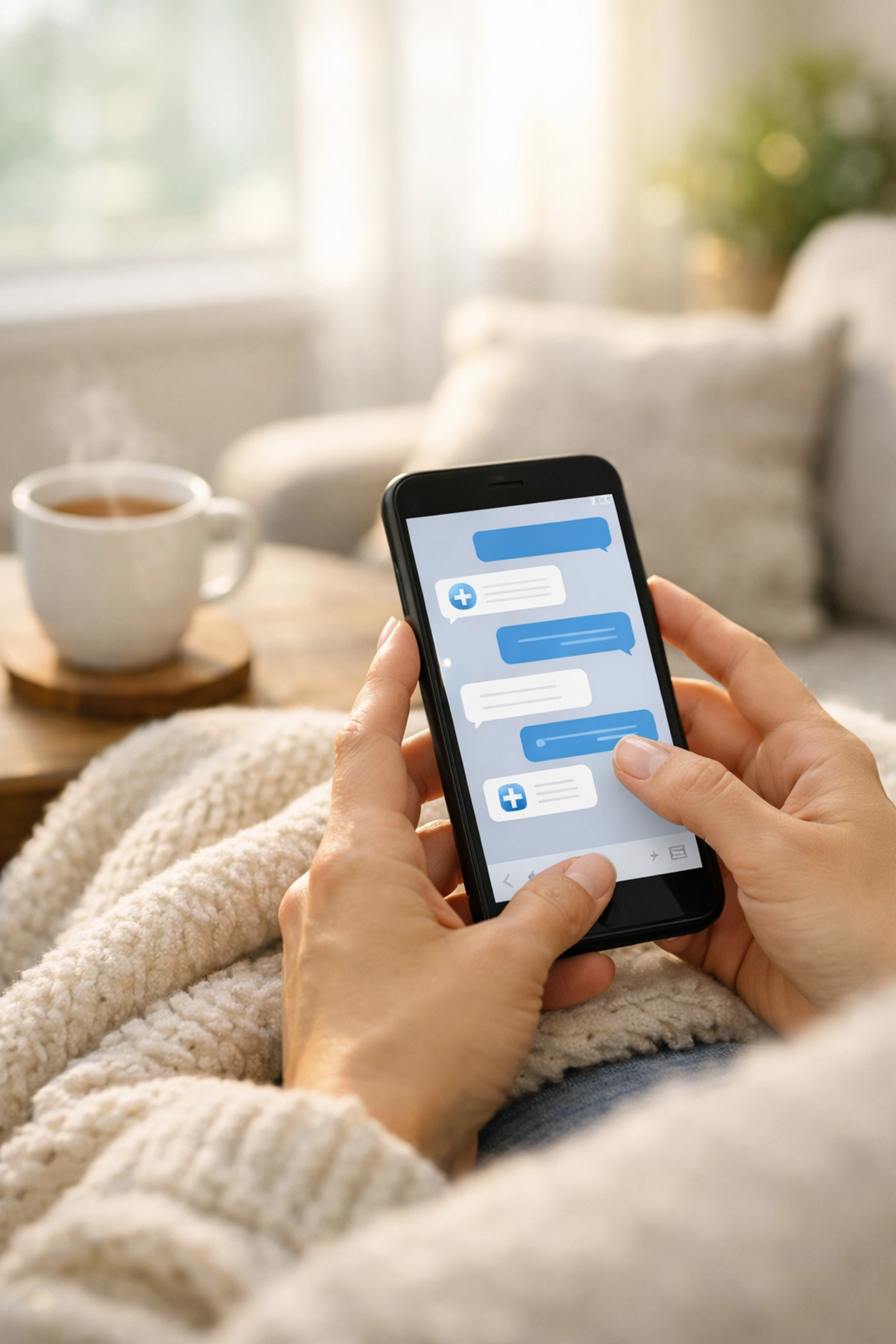 Patient texting with doctor from couch using smartphone for telehealth consultation at home