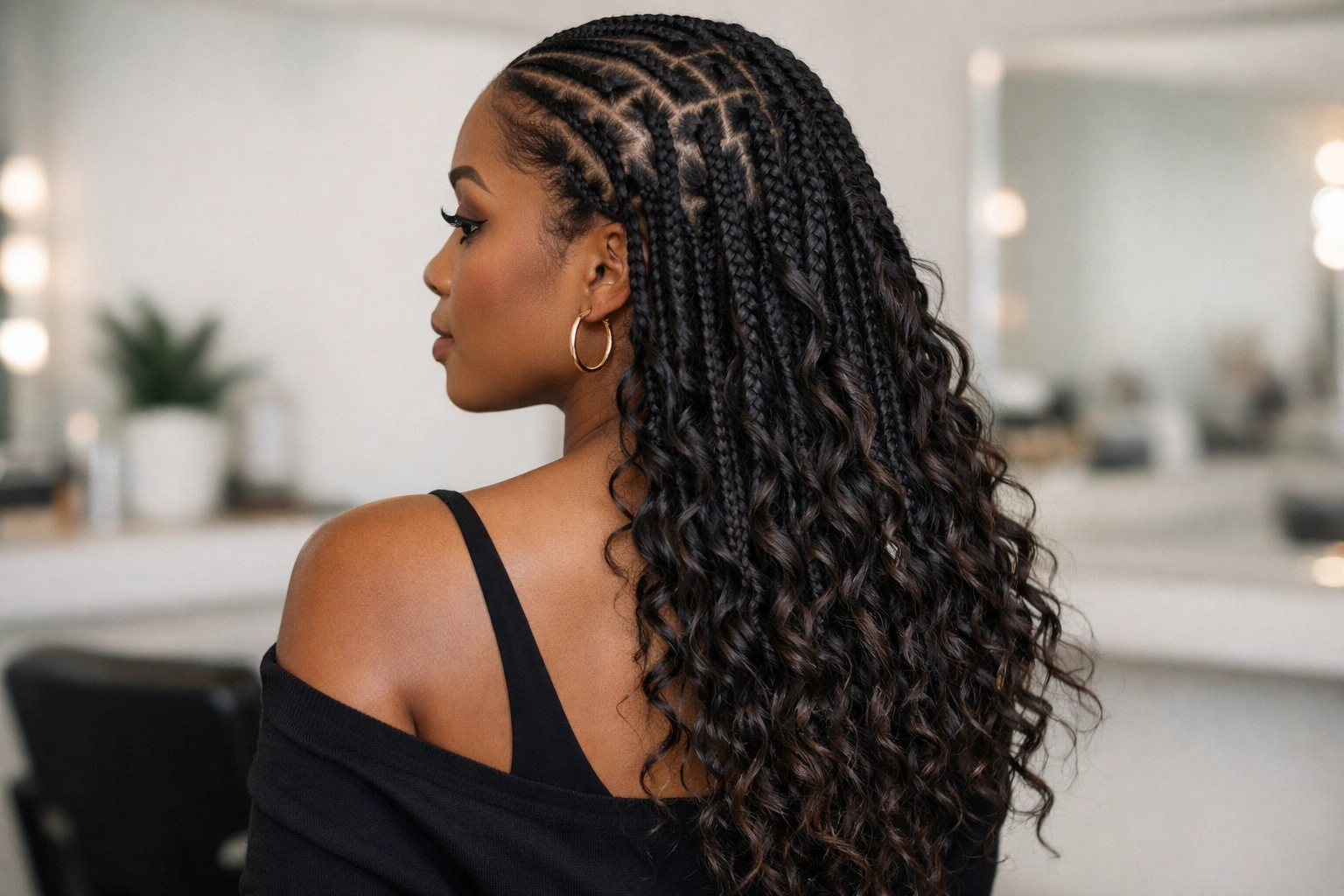Boho knotless braids with loose curly pieces for a soft, textured finish