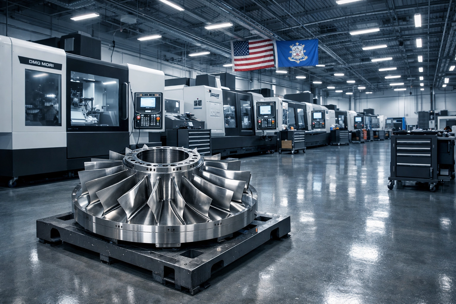 High-tech Connecticut aerospace machine shop floor showing CNC machines and defense contract components.