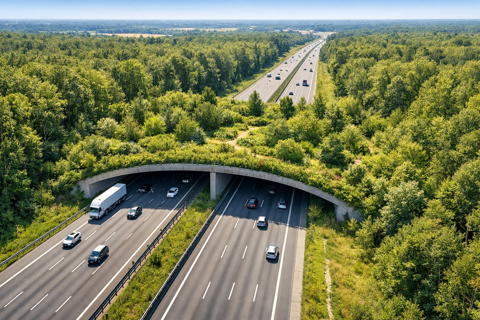 Aerial view of a sustainable wildlife overpass bridge connecting habitats for animal safety and conservation.