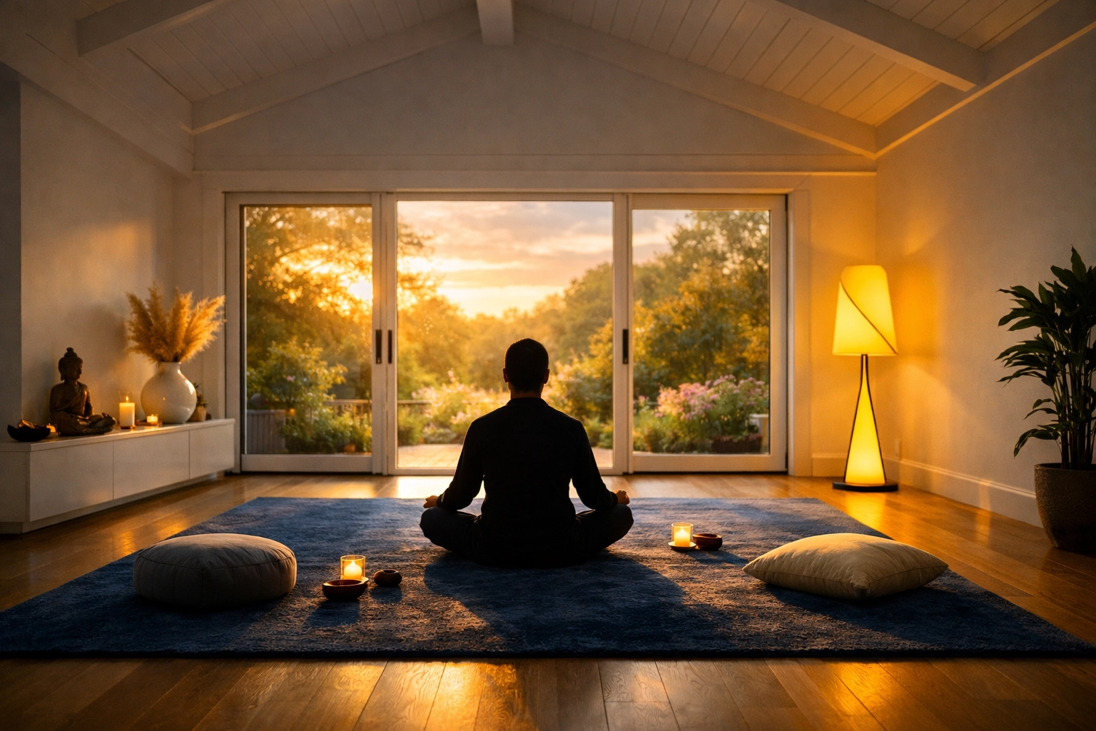 Serene meditation space in a clean Massachusetts home showcasing energy flow and the psychology of clean living.