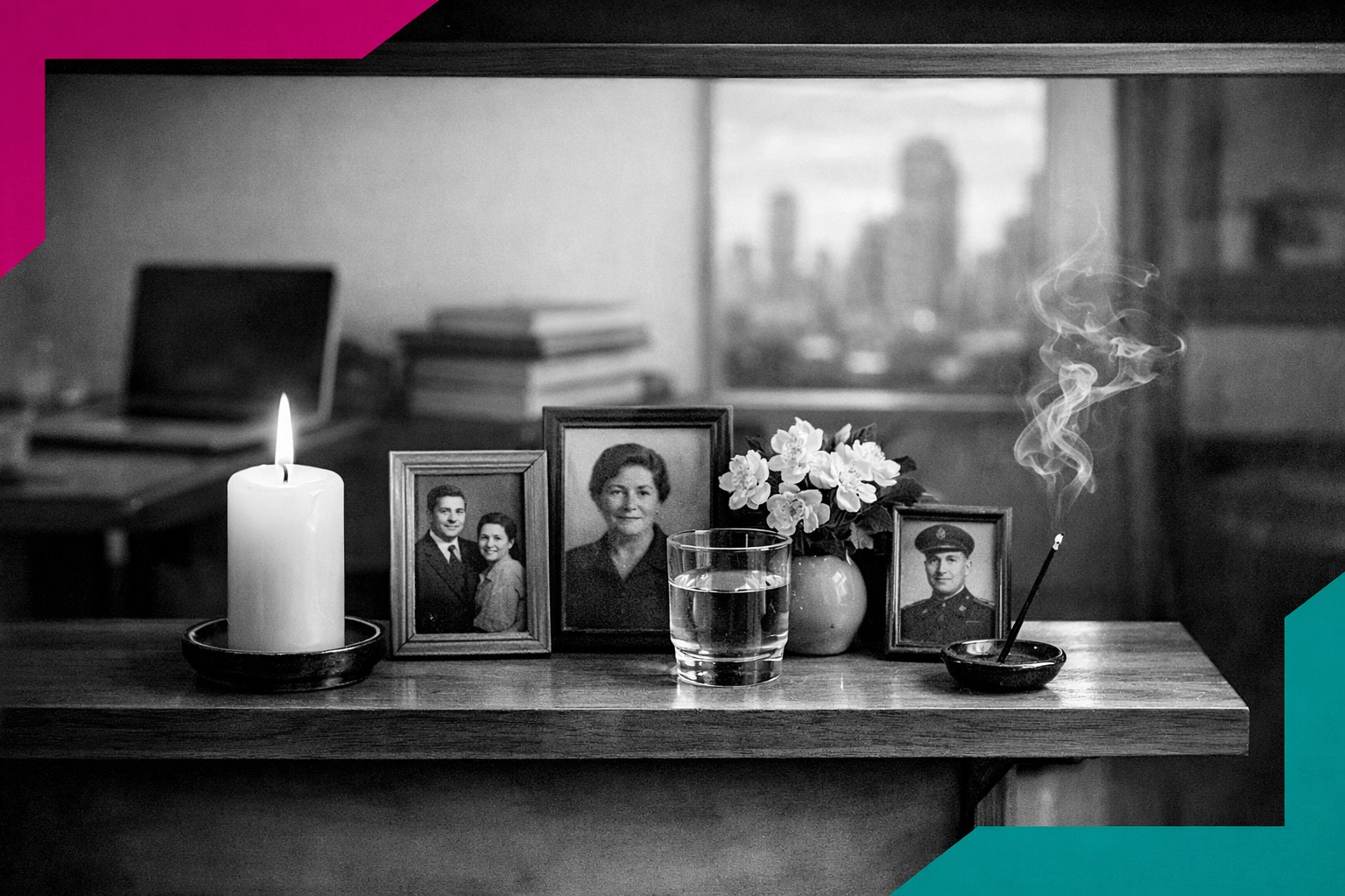 Ancestral altar with candles, photos, and offerings in contemporary home