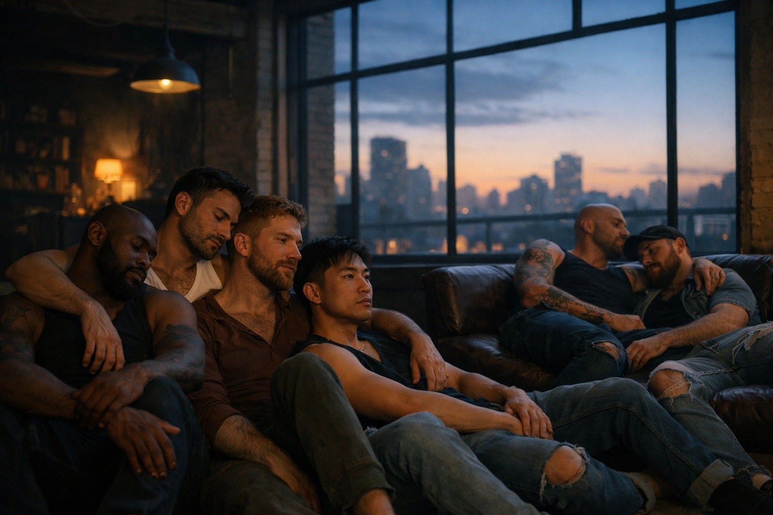 A group of gay men resting in a loft at dawn, showing the complex social dynamics and vulnerability in queer spaces.