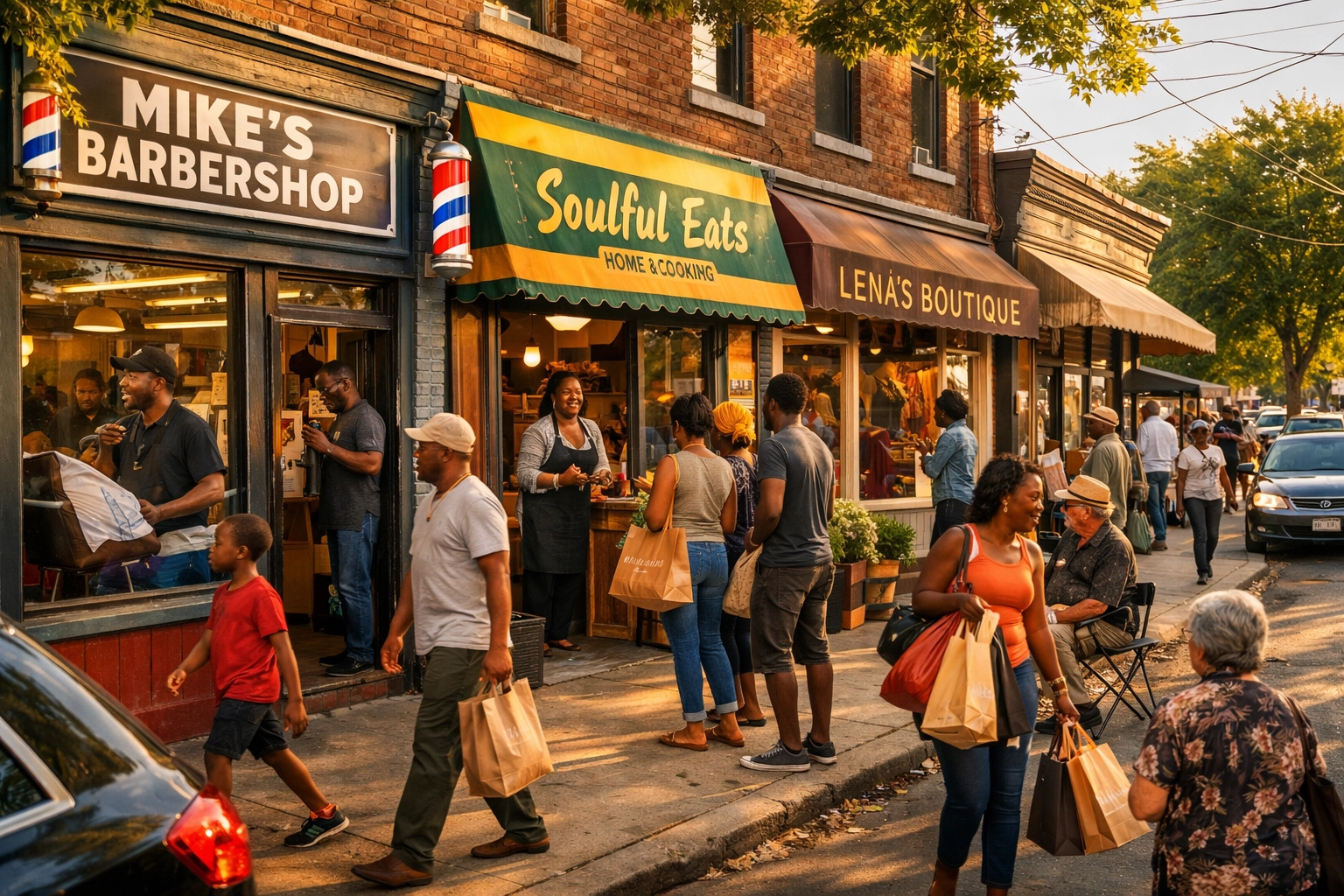 Thriving Black-owned neighborhood businesses with community members shopping locally