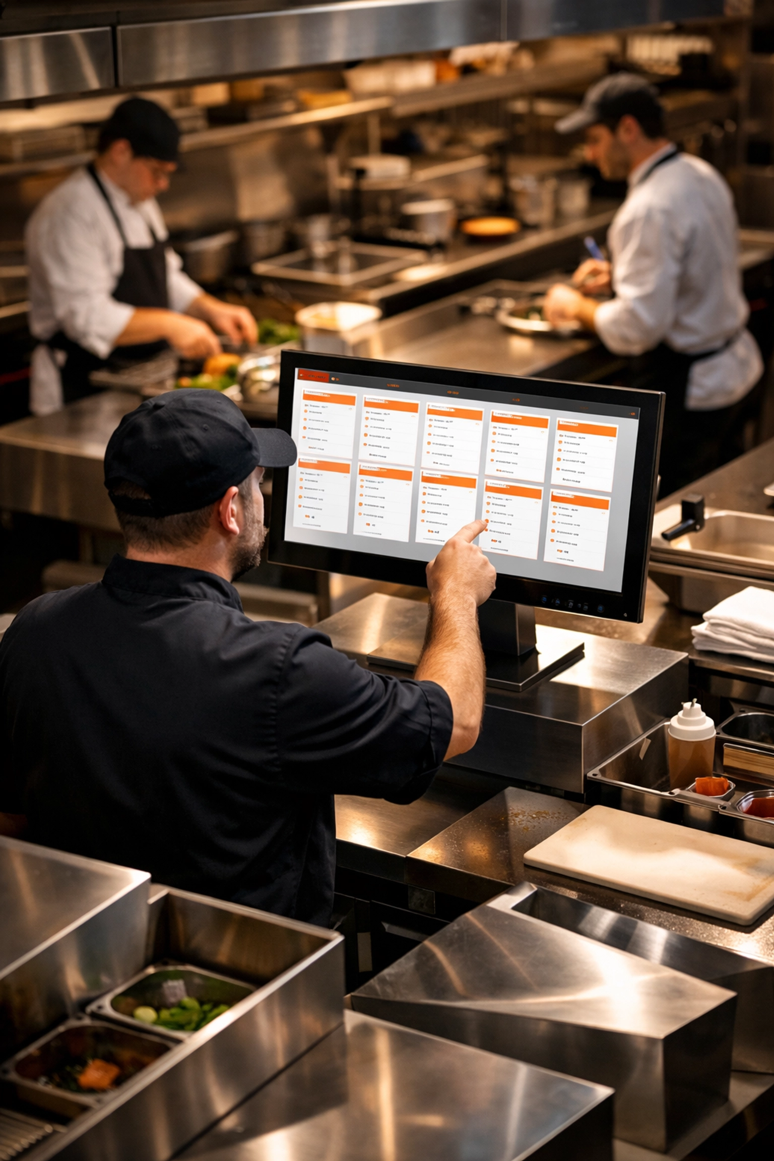 Chef using kitchen display system for streamlined back-of-house restaurant operations