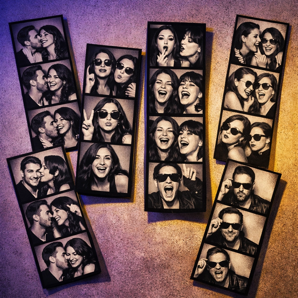 Vintage-style photo booth strips with black and white film grain texture