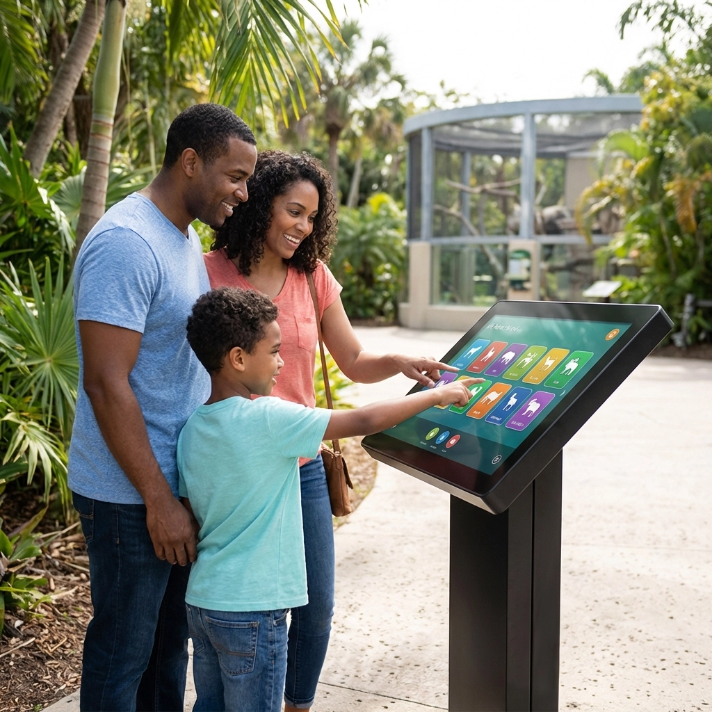 A family interacting with a modern digital signage kiosk to navigate a professional zoo exhibit.