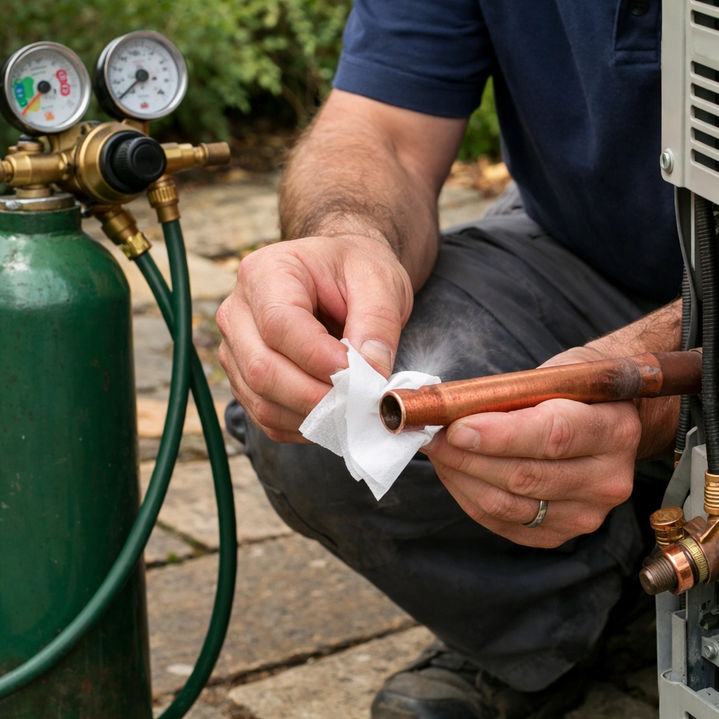 HVAC engineer conducting nitrogen purge test with tissue during air conditioning installation