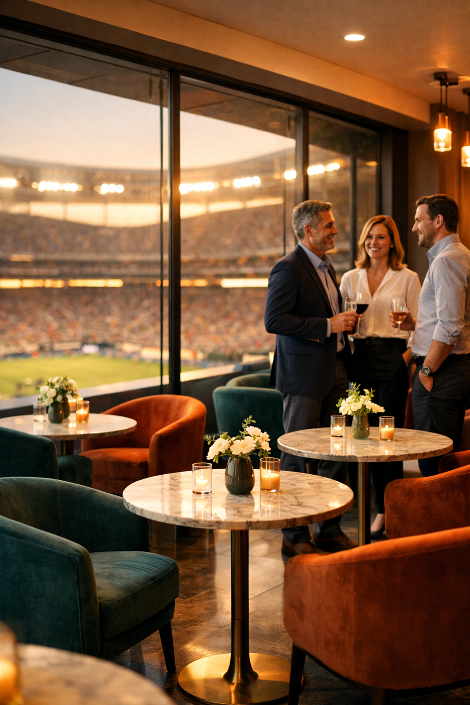 High-end corporate hospitality suite in a luxury skybox overlooking a football stadium.
