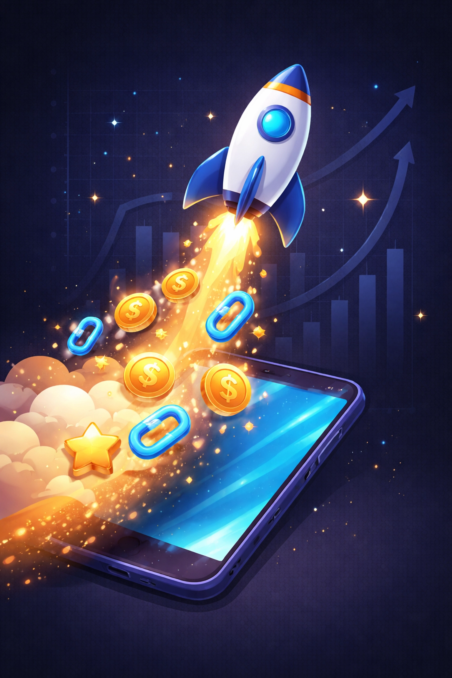 Rocket launching from smartphone with golden backlinks, illustrating press release SEO benefits for startups.