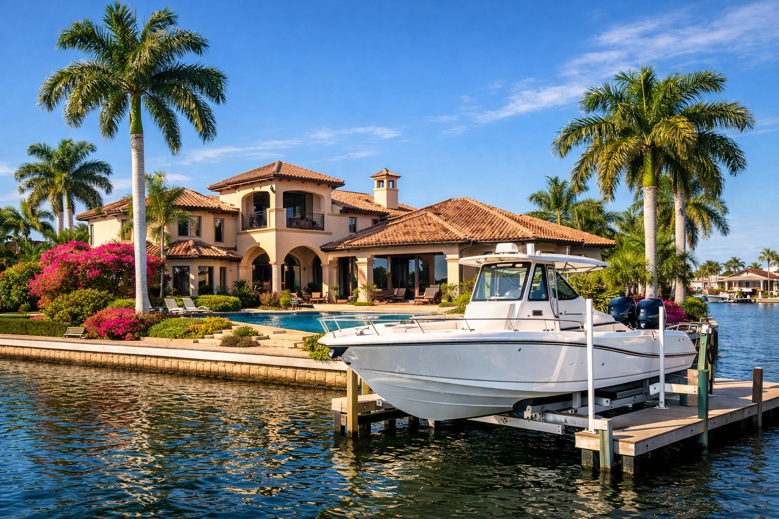 Luxury waterfront estate in Southeast Cape Coral with a boat lift on a Gulf access canal.