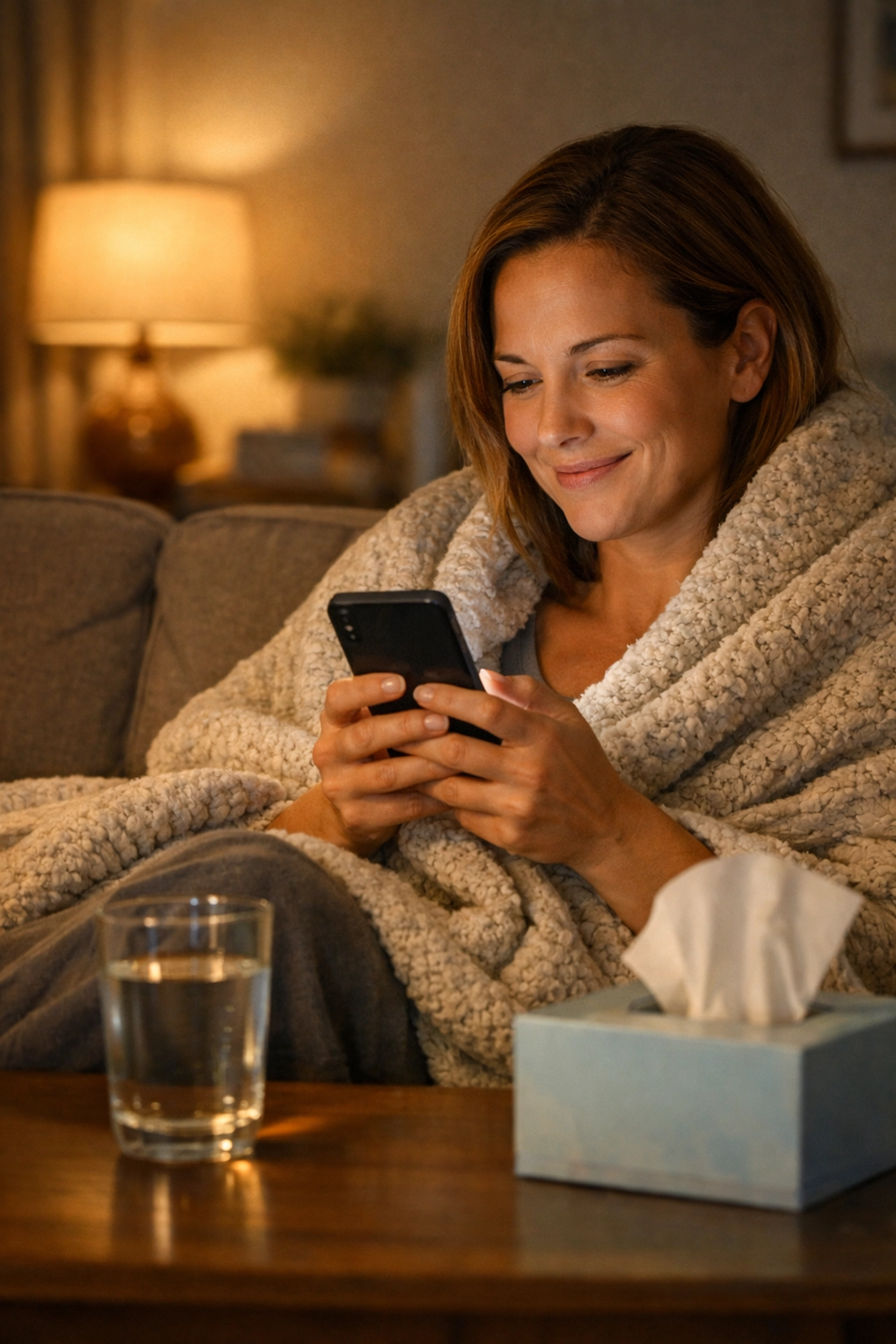 Woman texting doctor from home while sick, receiving online urgent care treatment via smartphone