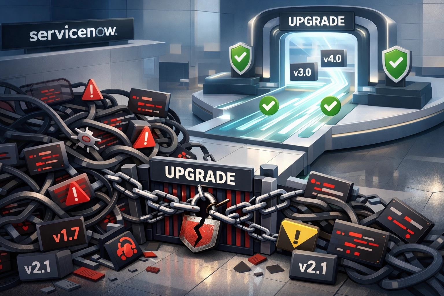 ServiceNow platform upgrade blocked by custom patterns vs smooth upgrade pathway