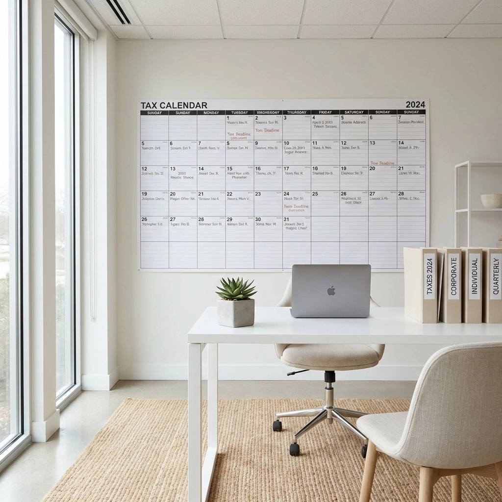 Modern tax office workspace with yearly calendar and organized desk illustrating year-round client engagement strategies