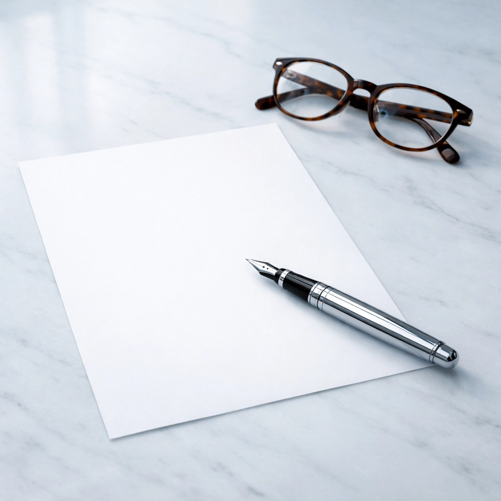 A silver fountain pen and glasses on a desk, representing legal documents for an Alabama business asset transfer.