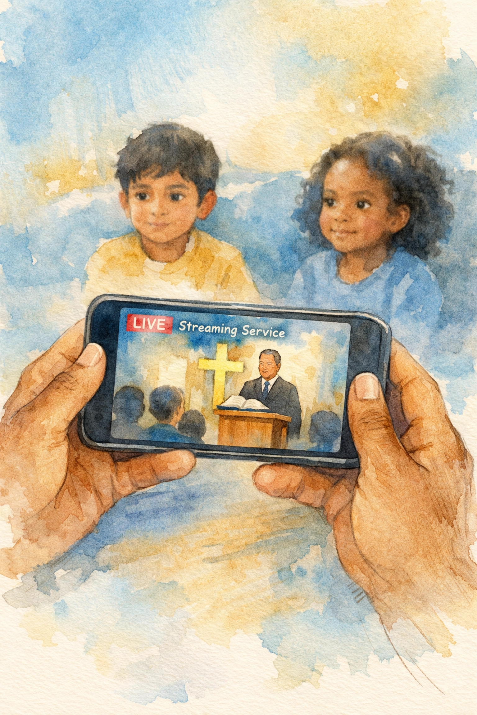 Parent streaming online church service on smartphone for children at home