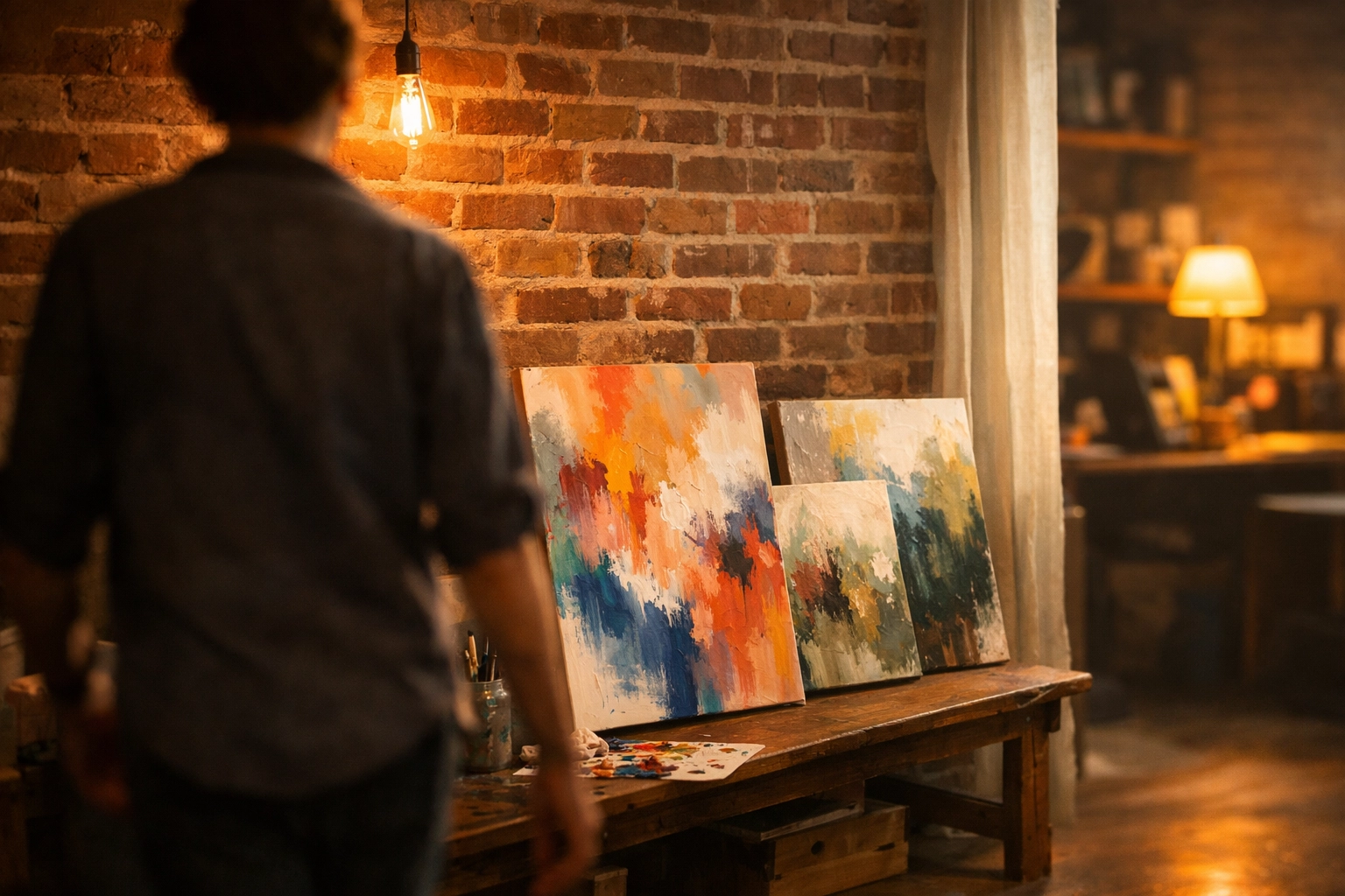 Finished abstract paintings drying in a workspace after a restorative creative lunch and learn session.