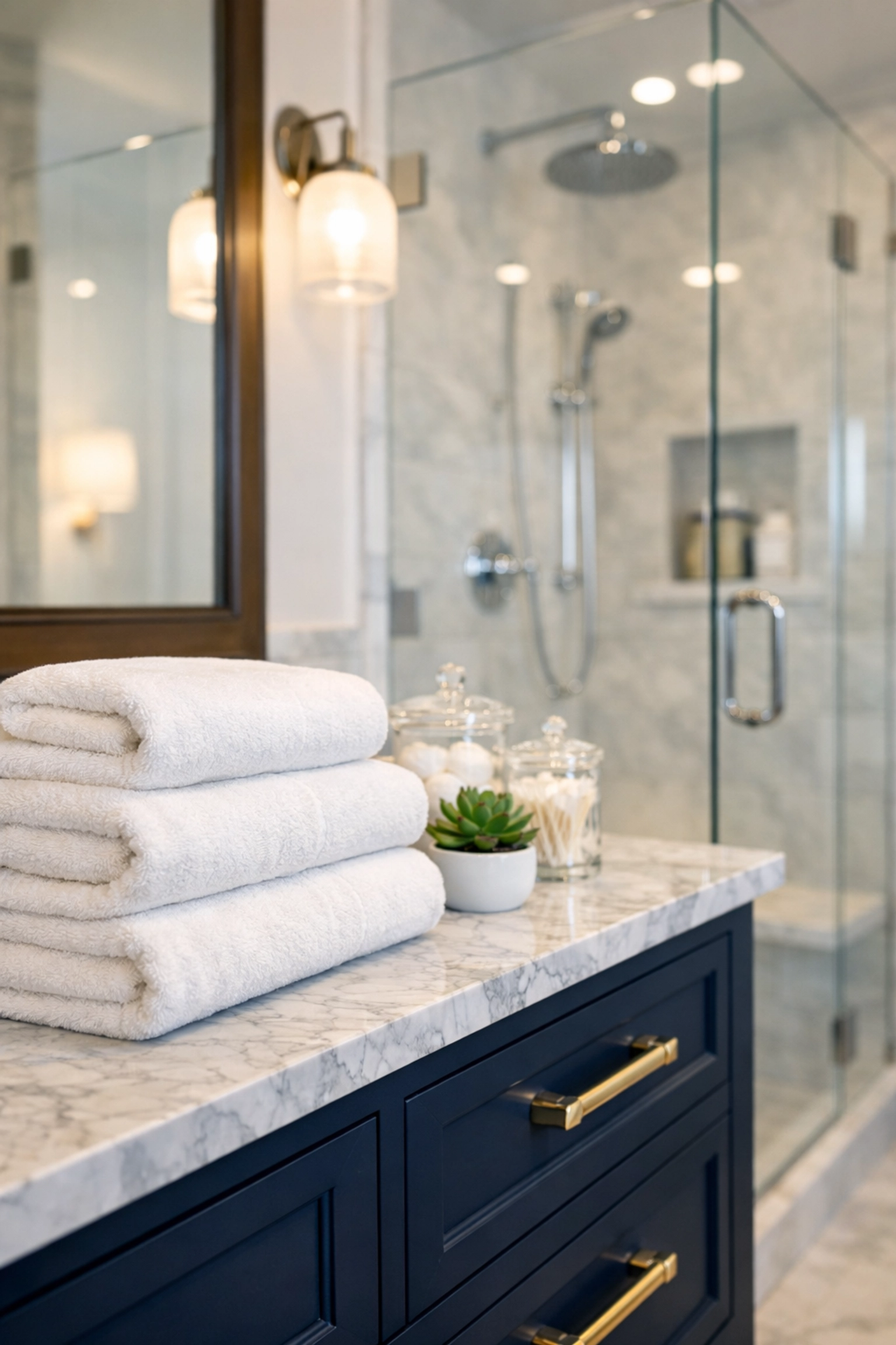 Spotless master bathroom with sparkling glass shower by detail-oriented house cleaners in Hanover.