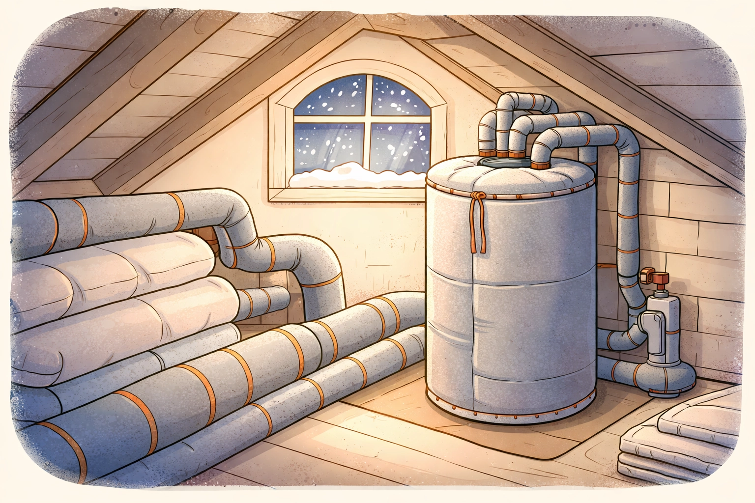 Winter loft scene featuring insulated pipes and a water tank to prevent freezing and reduce heat loss