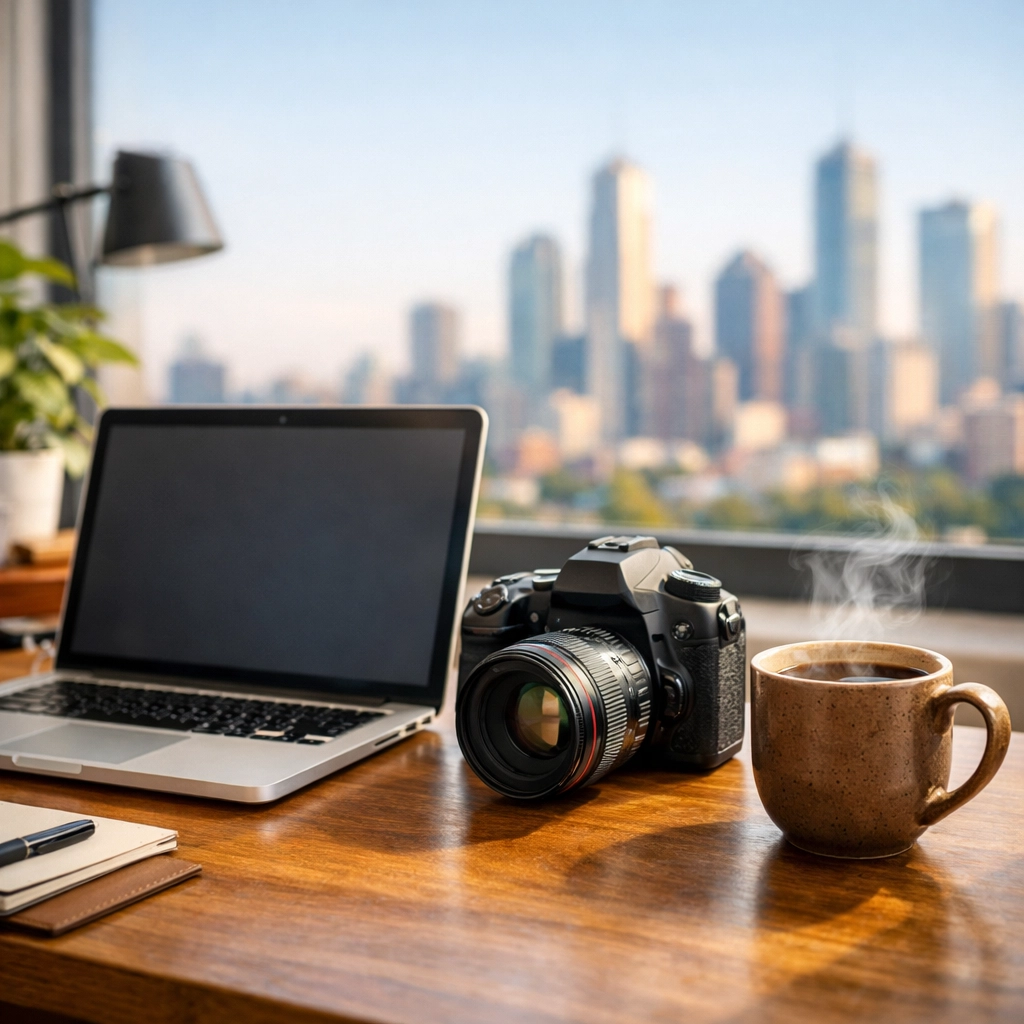 An organized home office workspace for a freelance photographer building a career on Proshoot.io.