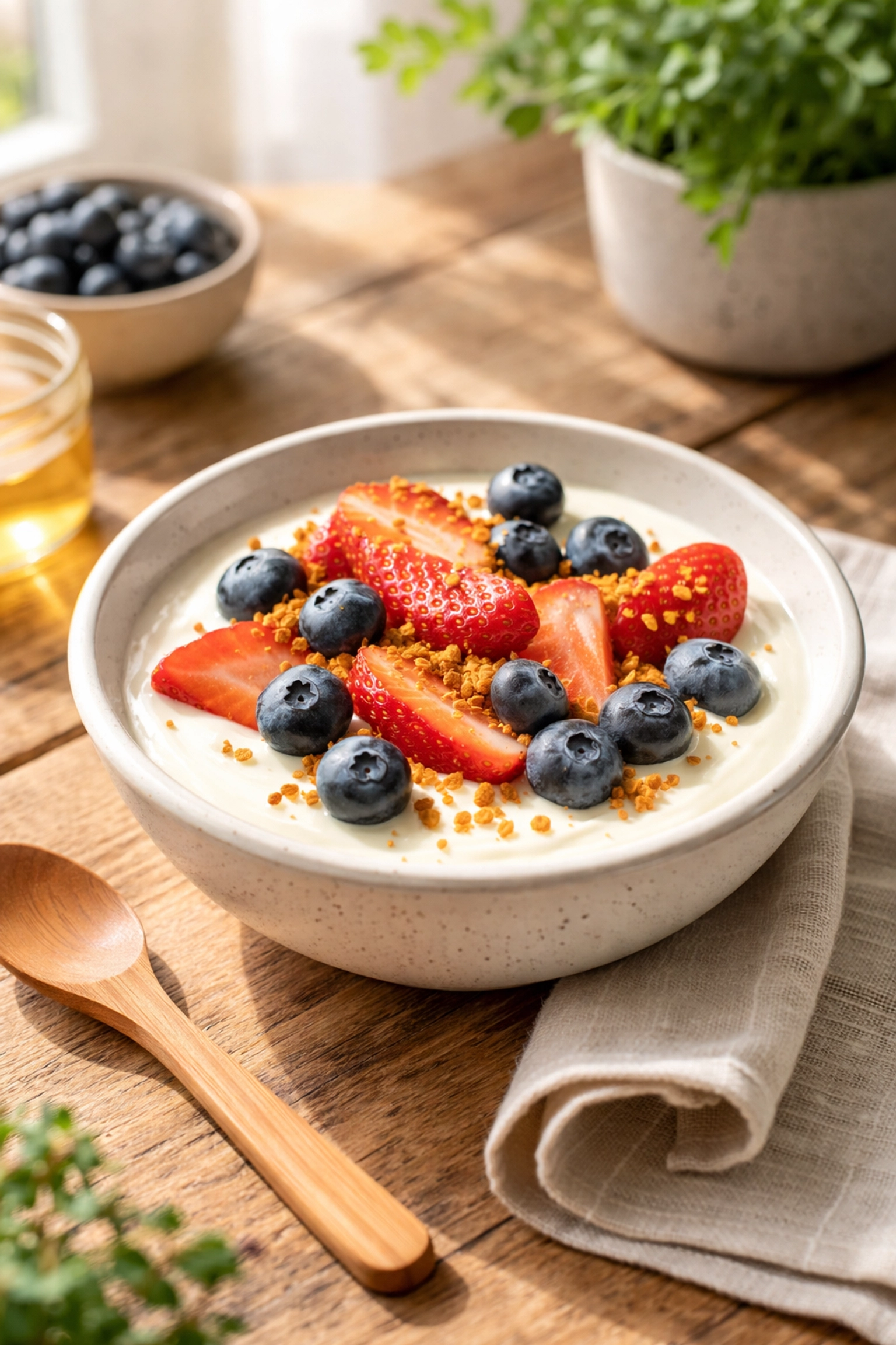 Yogurt bowl topped with fresh fruit and golden bee pollen granules, perfect for a healthy breakfast routine