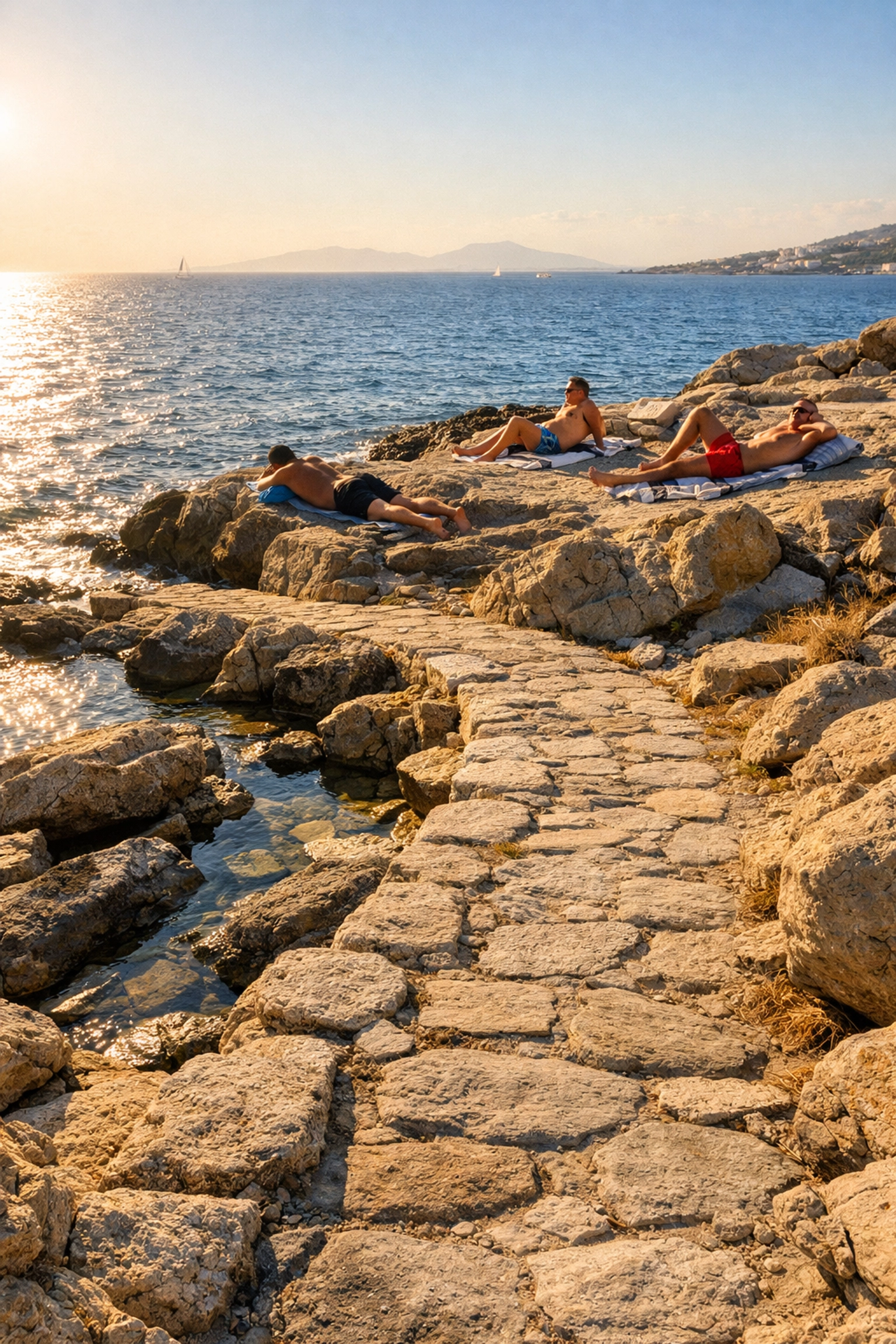 Stone path leading to gay nudist section at Super Paradise Beach Mykonos Greece