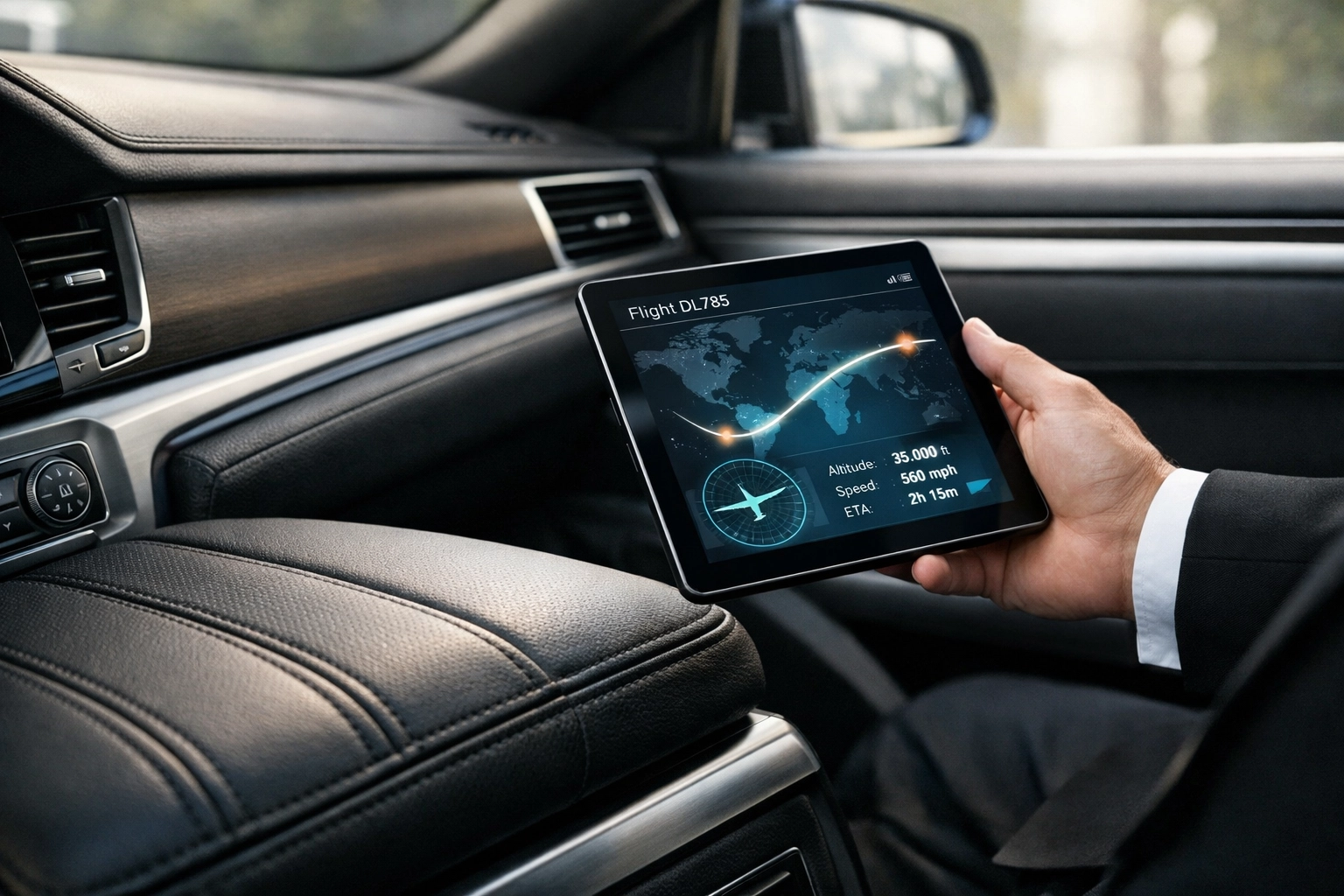 Chauffeur monitoring real-time flight data inside a premium car service Knoxville airport vehicle.