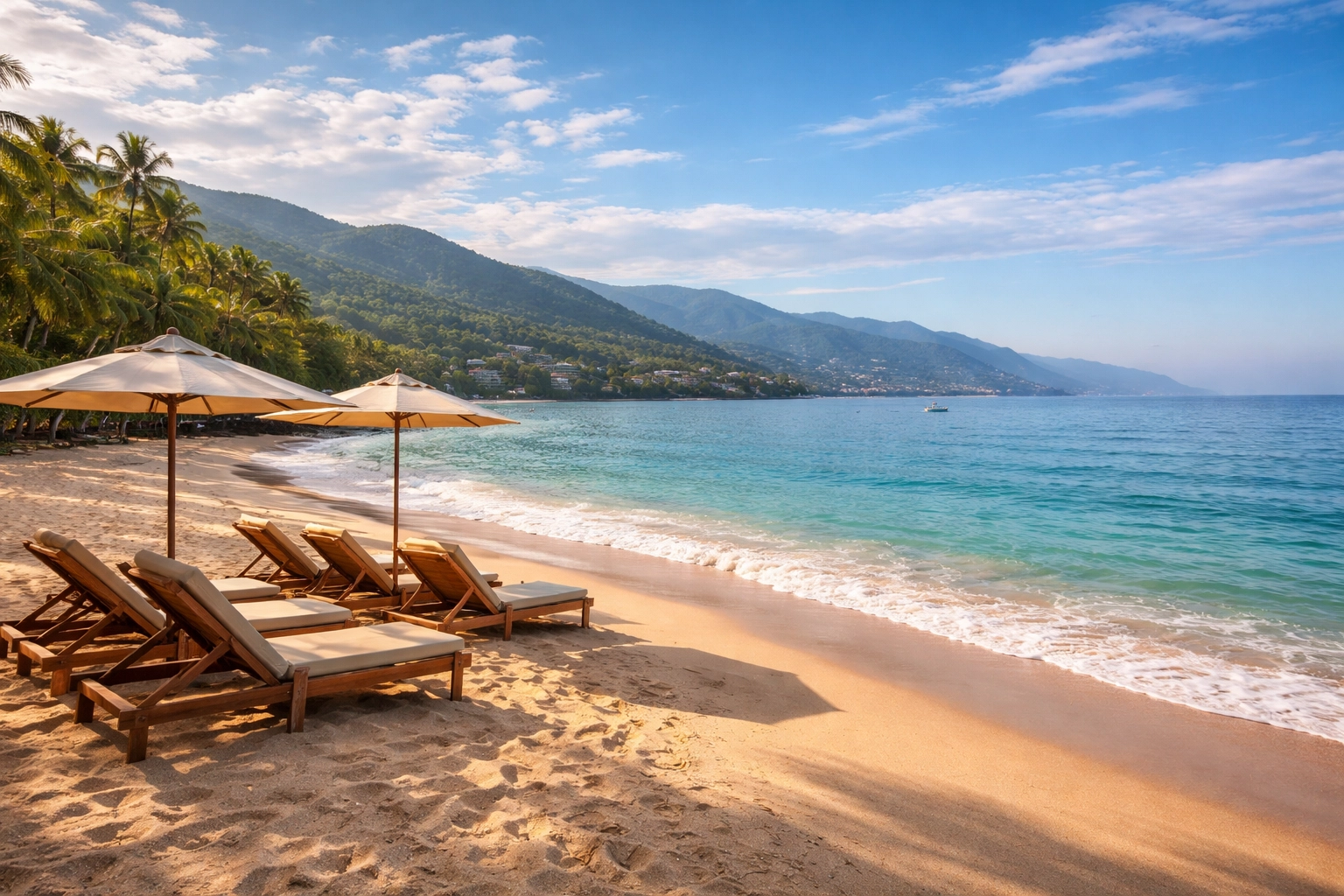 Early morning at Los Muertos Beach in Puerto Vallarta, empty lounge chairs, turquoise water, and mountain views.