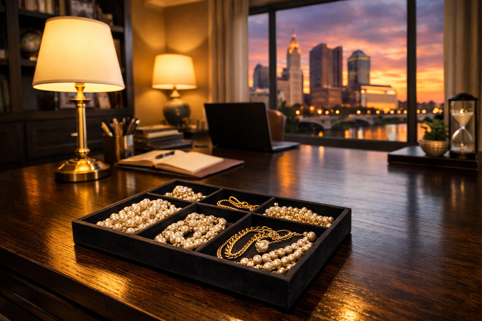 Organized tray of necklaces and pearls, showing a hassle-free way to sell jewelry in Columbus, Ohio.