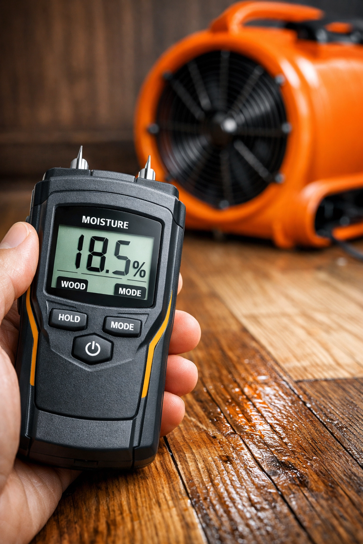 Using a moisture meter and industrial fan to prevent mold after home water damage.