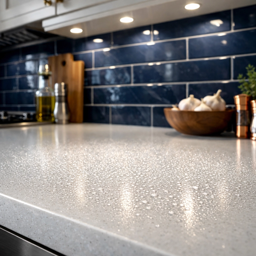 Disinfectant mist on a kitchen counter illustrating proper dwell time for deep cleaning Marlborough.