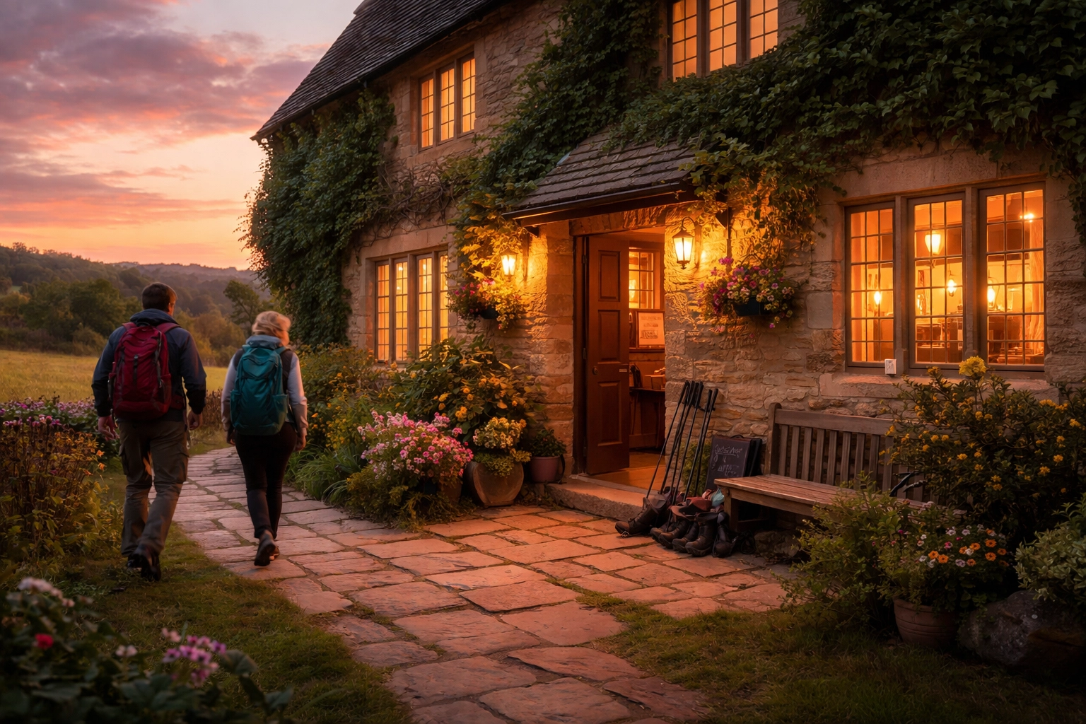 Country inn at dusk with arriving hikers, illustrating cozy accommodation options on guided hiking tours UK