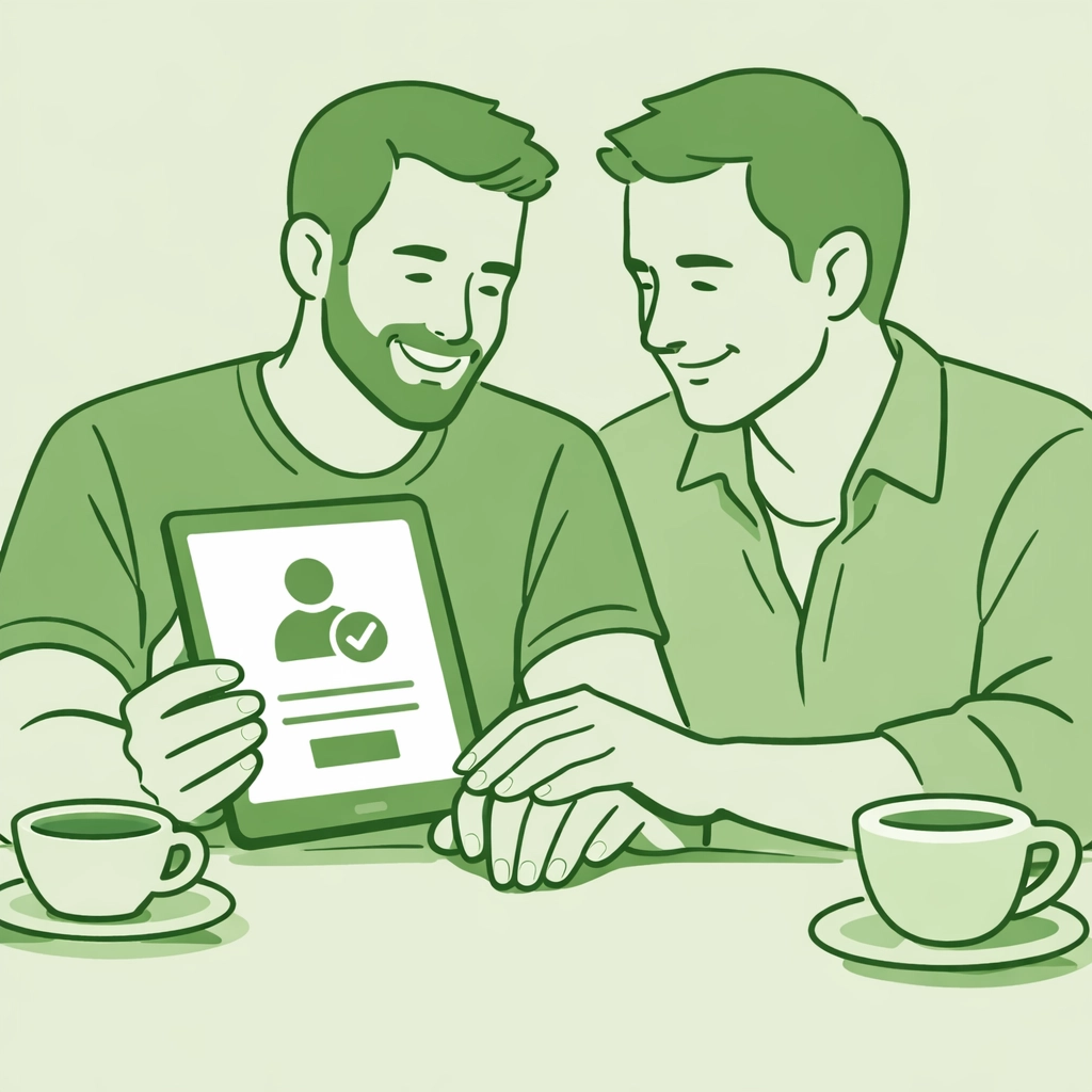 Two men connecting over a digital tablet to browse new gay releases on the Read with Pride platform.