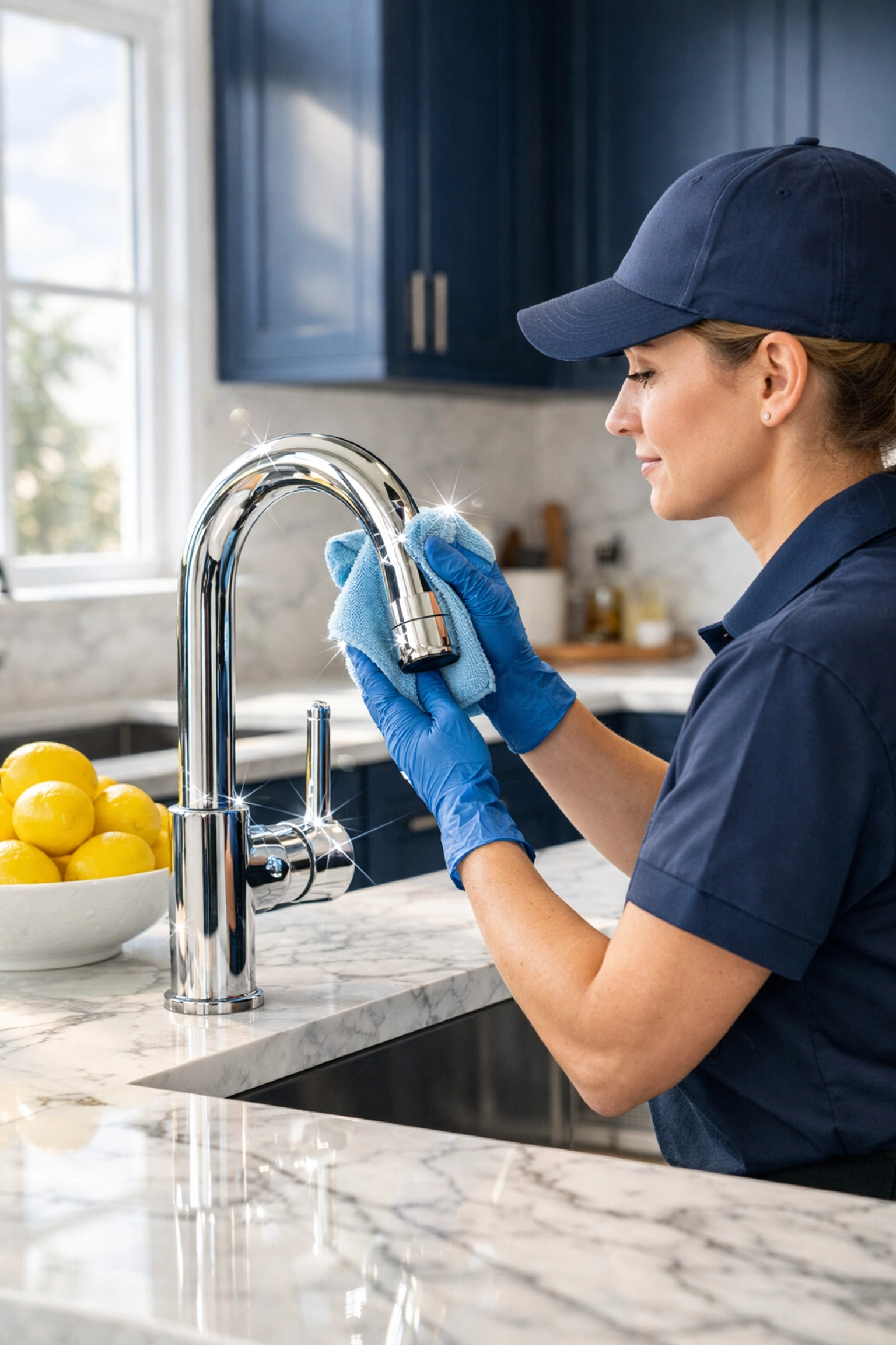 Professional cleaner polishing a kitchen faucet in a high-end home using house cleaning services MA.