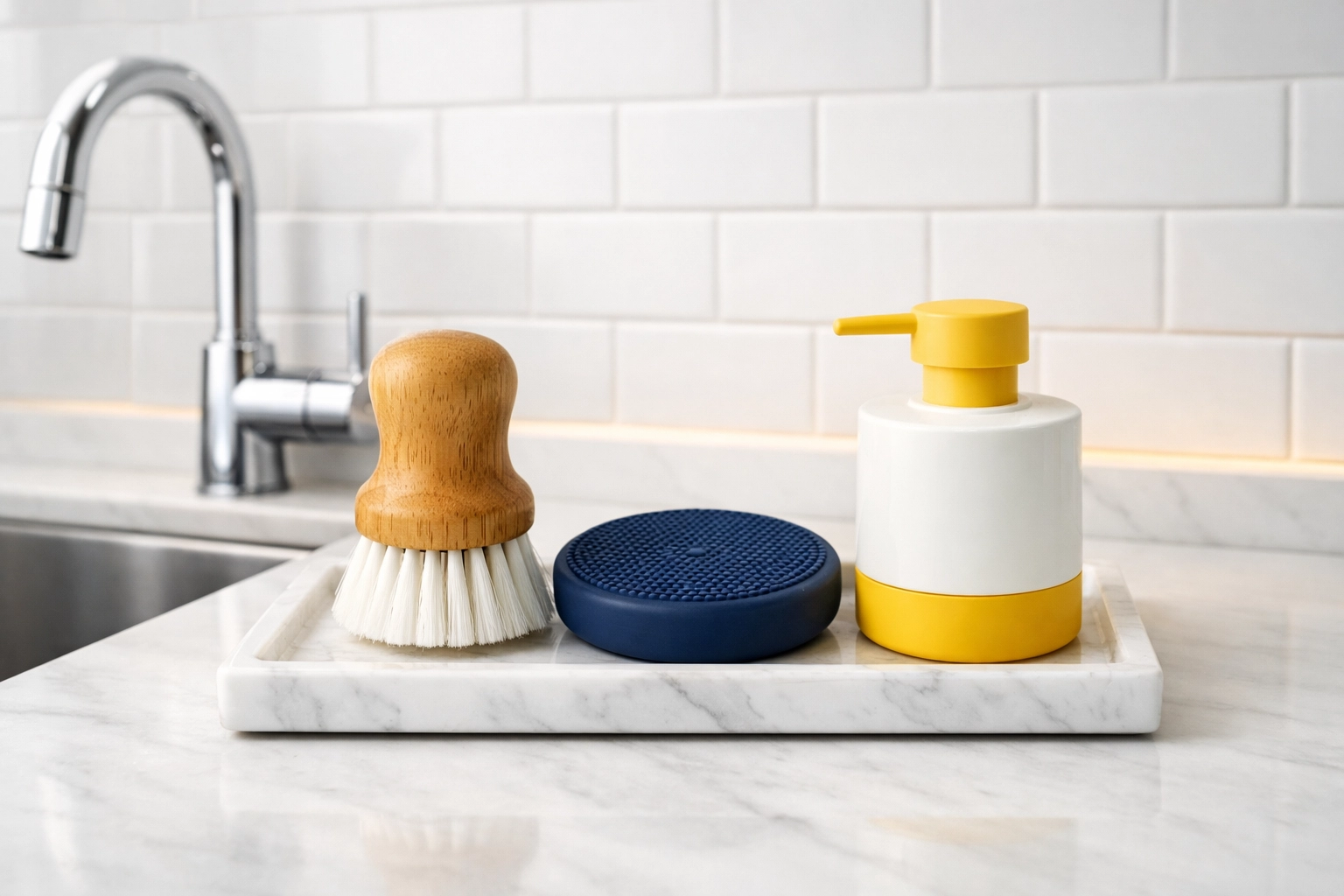 Modern wooden dish brush and silicone scrubber set on a marble tray as hygienic sponge alternatives.