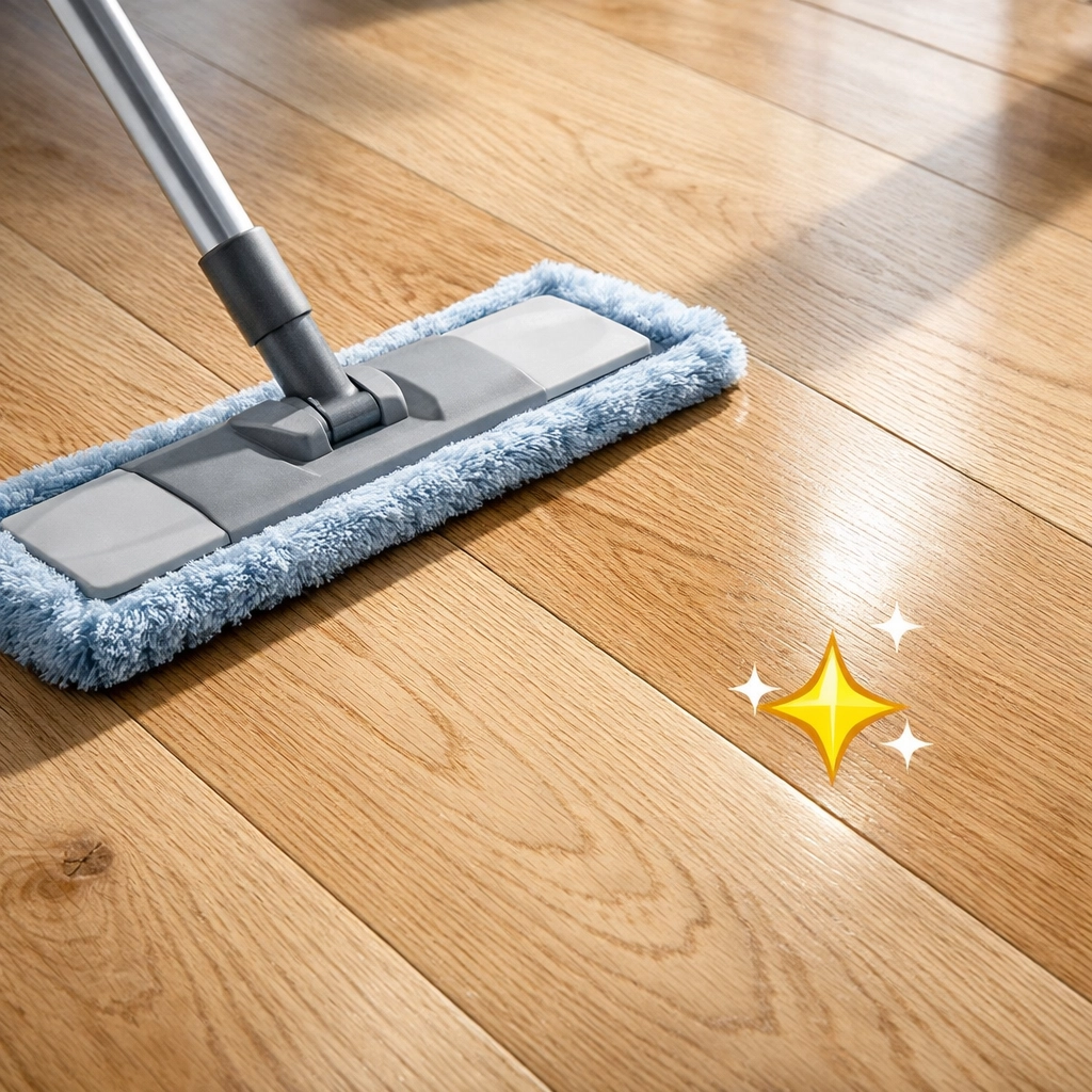 Microfiber mop cleaning and restoring the glossy finish of white oak engineered wood floors in a Chicago home.
