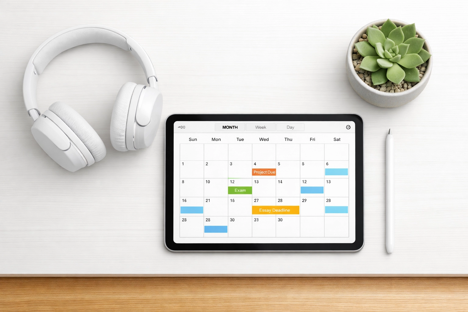 A minimalist study space with a digital planner used for organizing stackable online certificates.