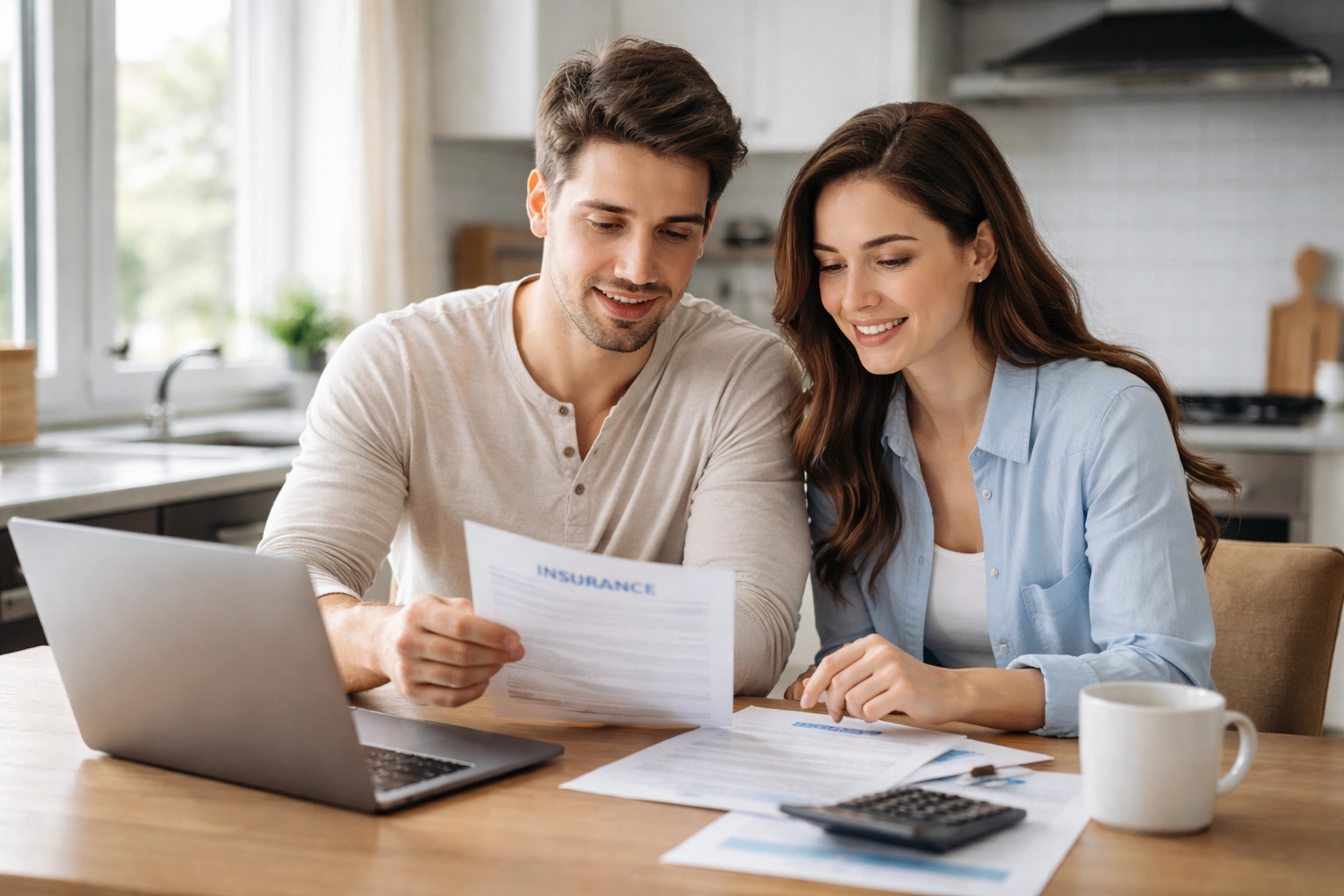 Young couple reviewing insurance policies at home, showcasing smart insurance decisions