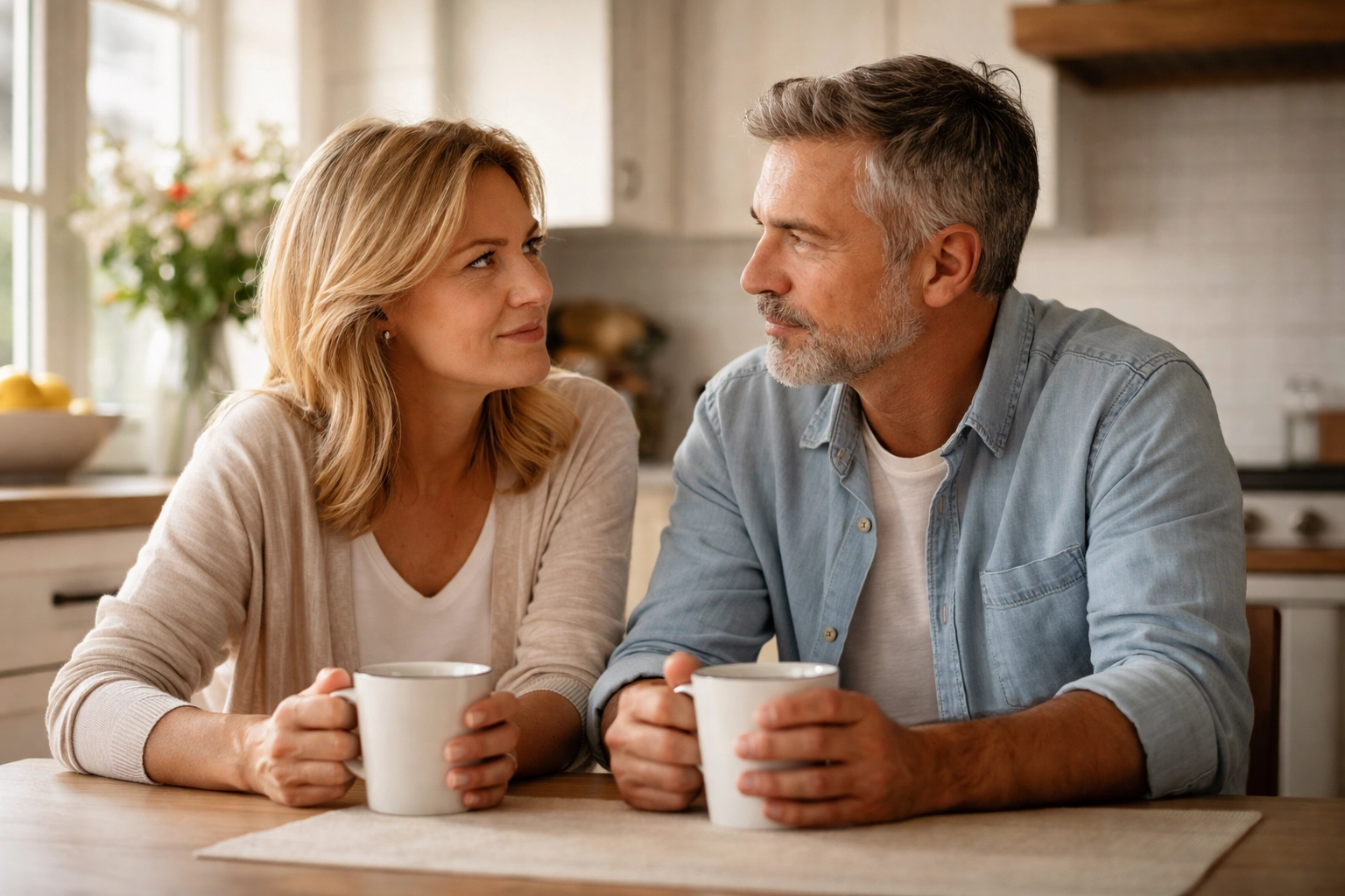 Middle-aged couple at a kitchen table reflecting on life changes before a real estate decision in South Jersey