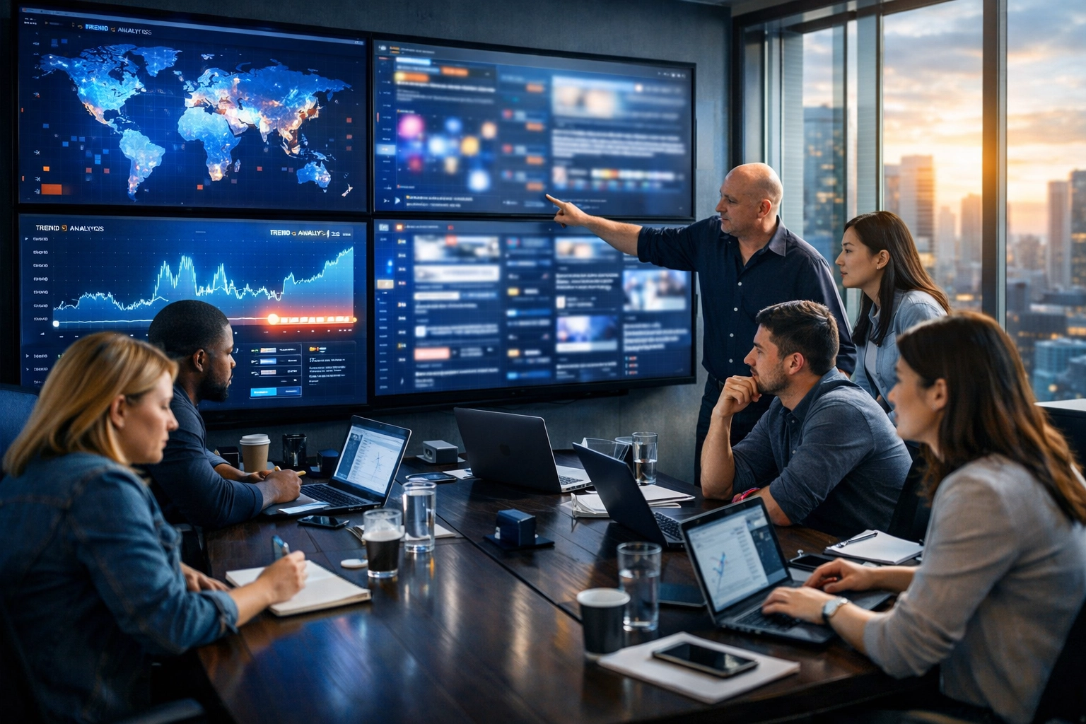 Marketing professionals in a brand war room monitoring real-time Super Bowl 2026 data.