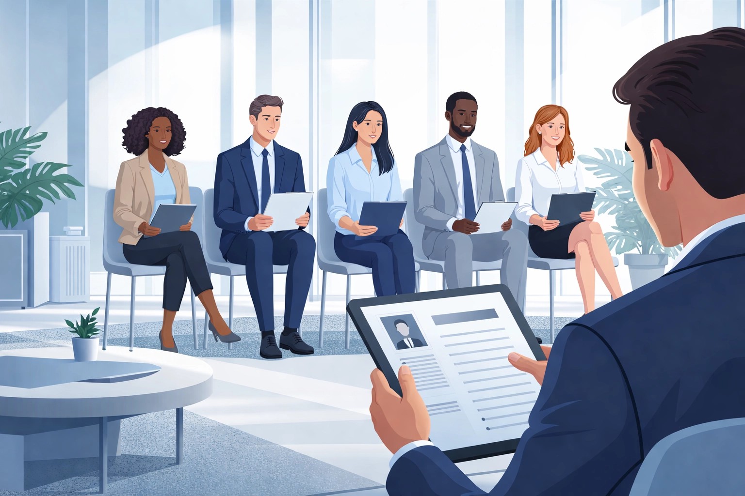 Job candidates waiting while hiring manager reviews resumes for employee recruitment process
