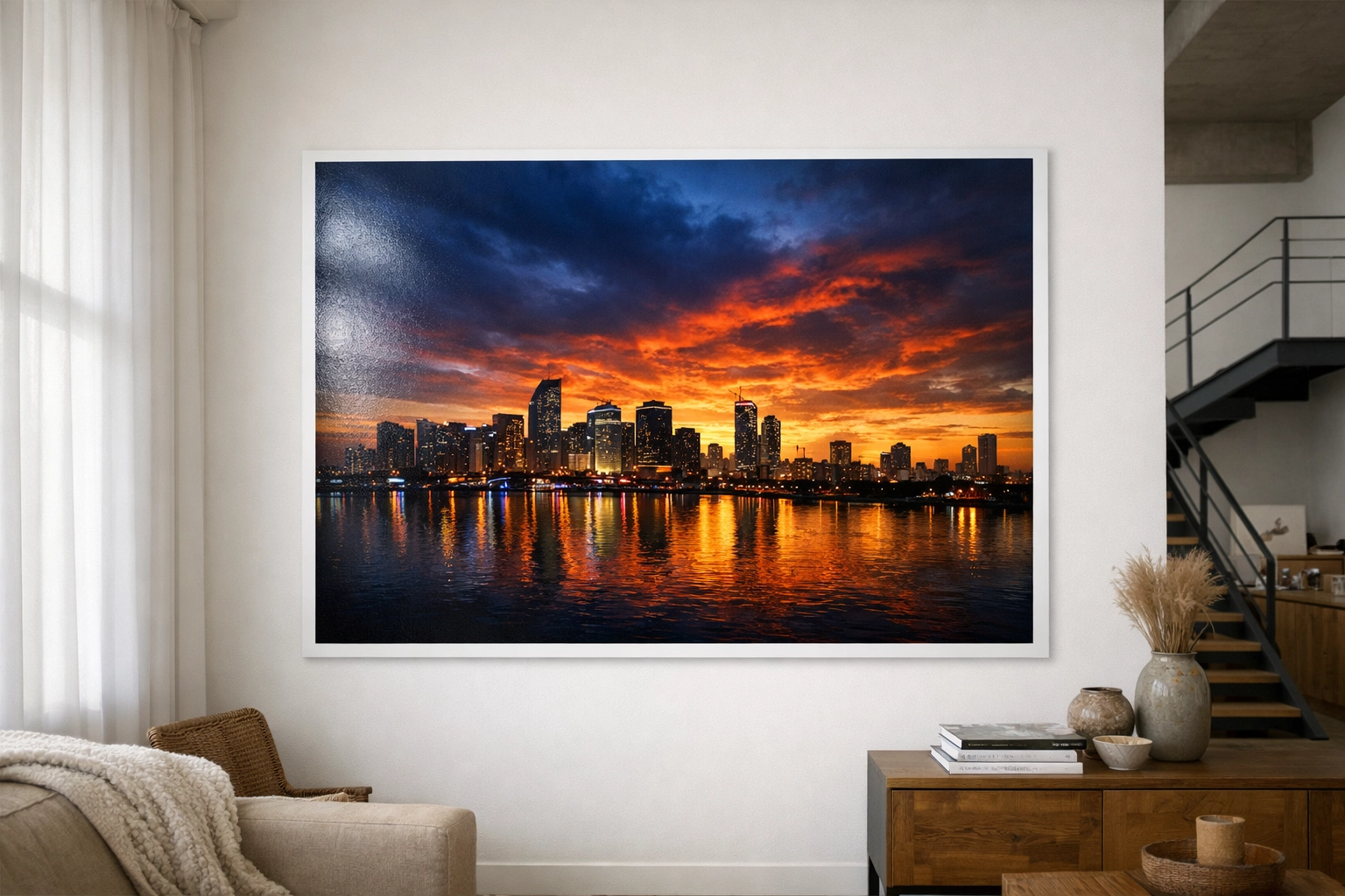Large fine art photography print of a Miami sunset displayed as an archival print in a modern gallery.