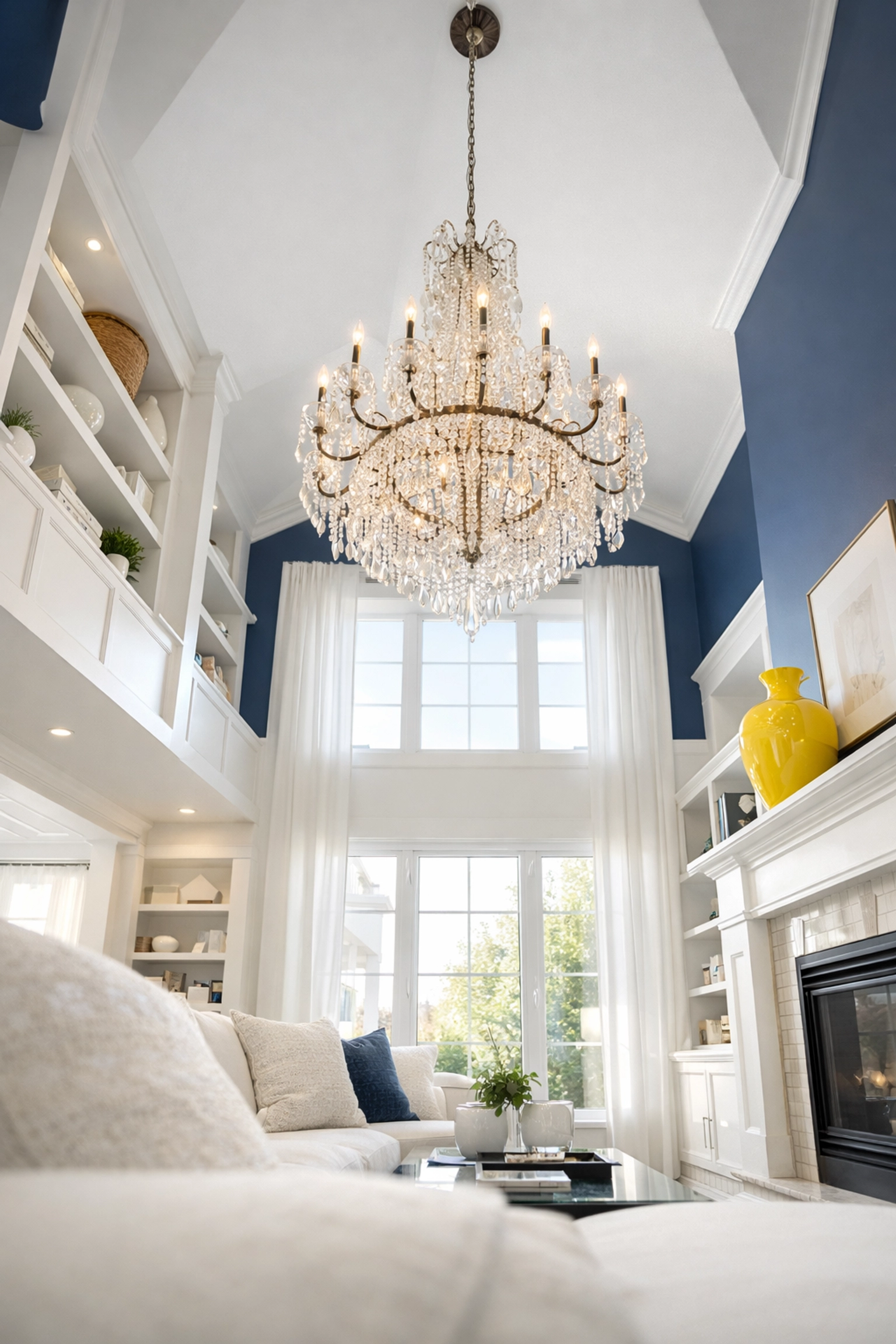 Pristine luxury living room in Ashby MA highlighting the top-to-bottom method of weekly house cleaning.