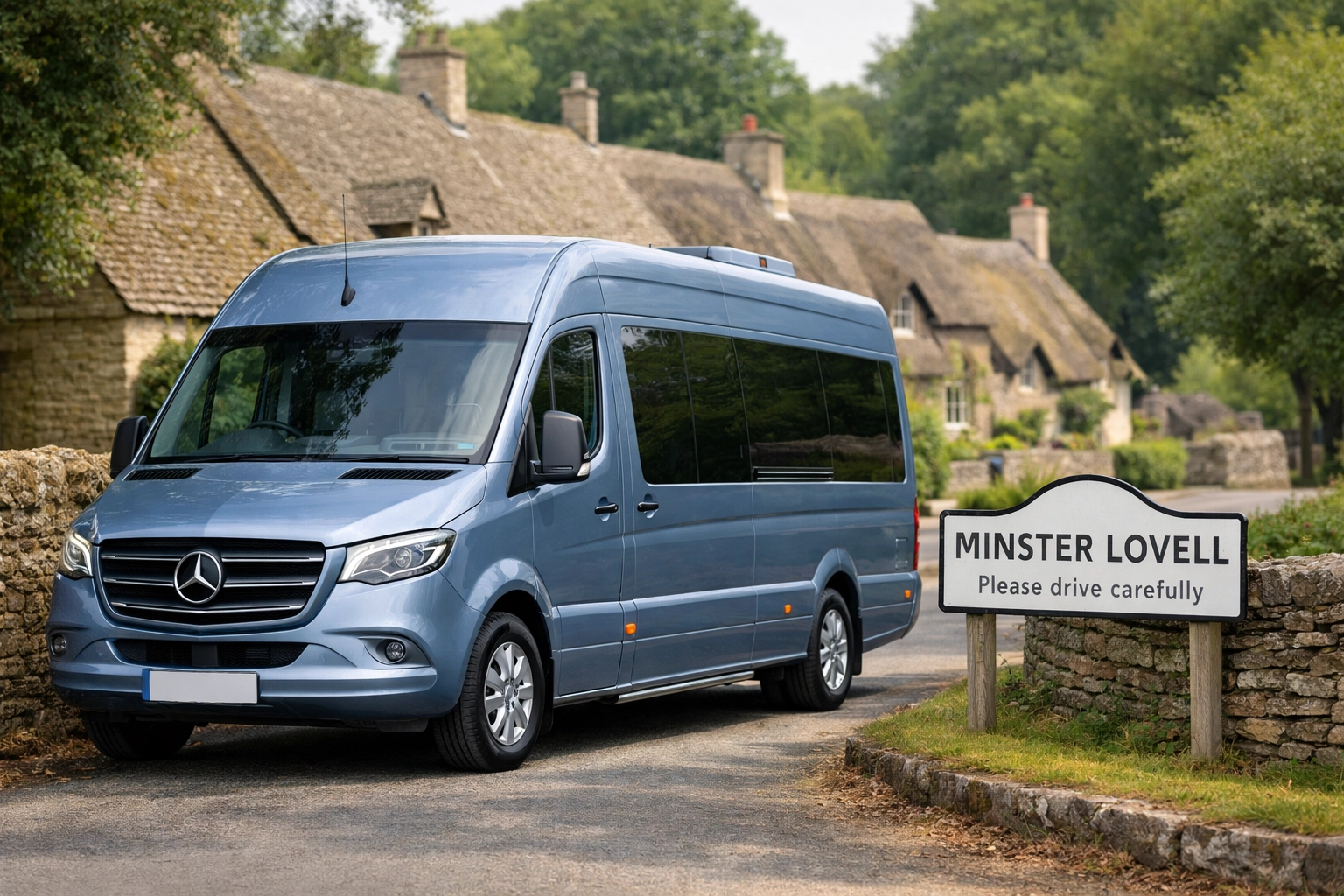 A silver blue Shakespeare Coaches Mercedes minibus parked near historic cottages for a Cotswolds tour.