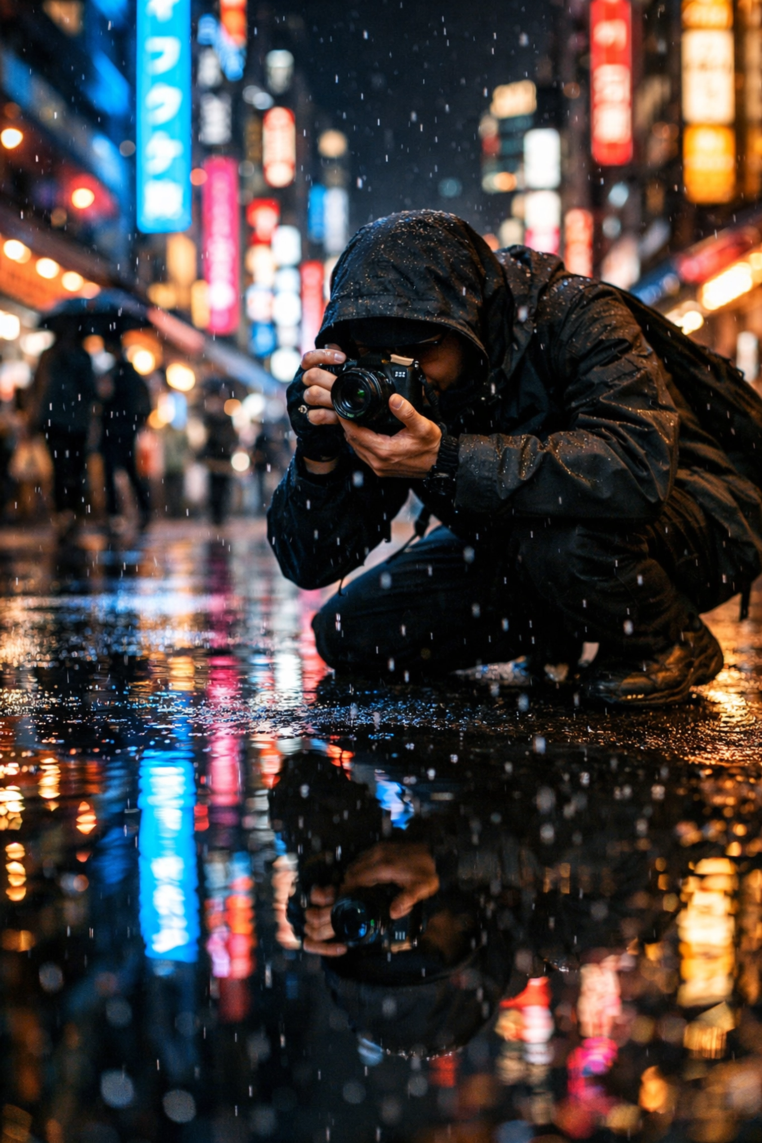 Capturing unique street photography ideas using one of the best mirrorless cameras in a rainy neon city.