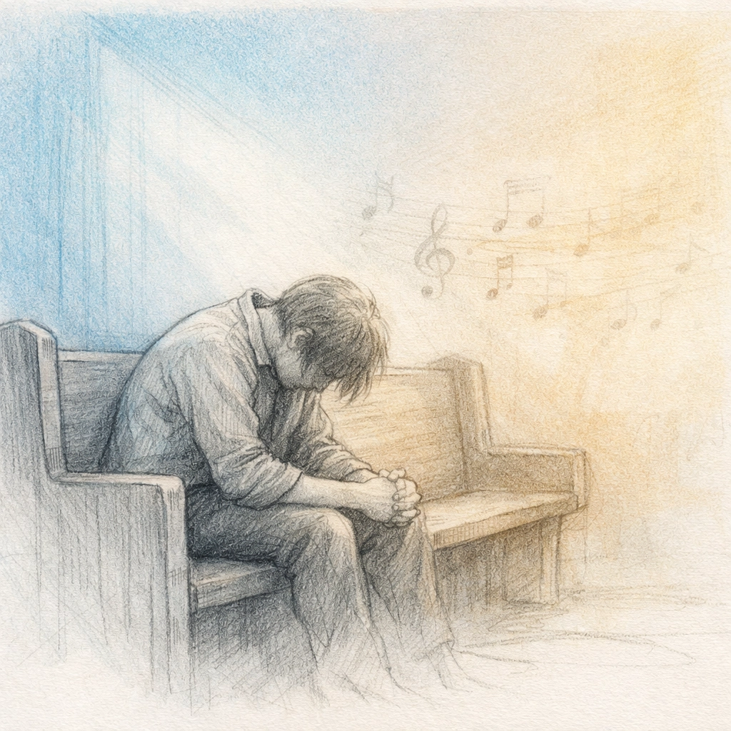 Exhausted person sitting alone in church pew representing ministry burnout and spiritual fatigue