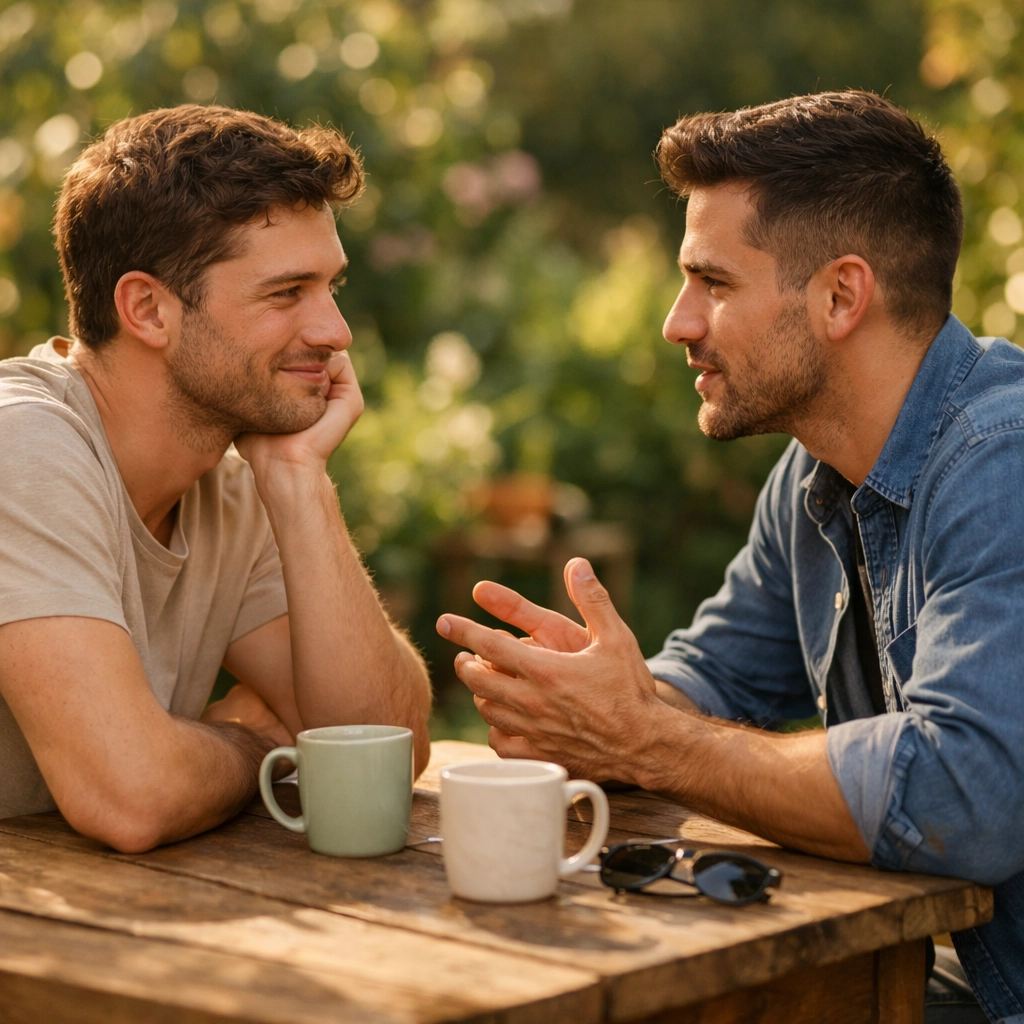 A gay couple sharing an intimate conversation in a garden, capturing the slow burn of queer relationships.