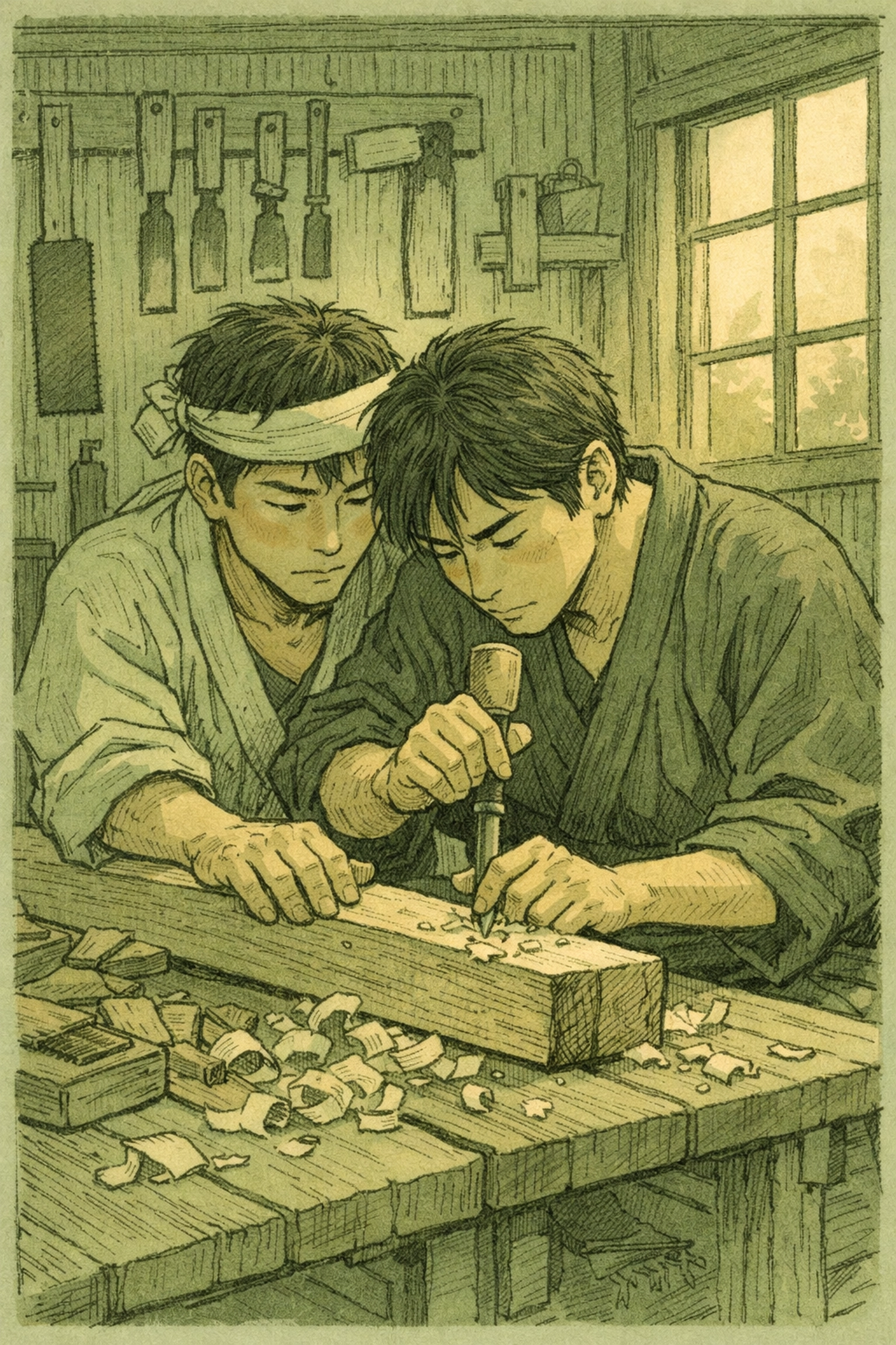 Gay men working together in traditional Japanese carpentry workshop, subtle intimacy and connection