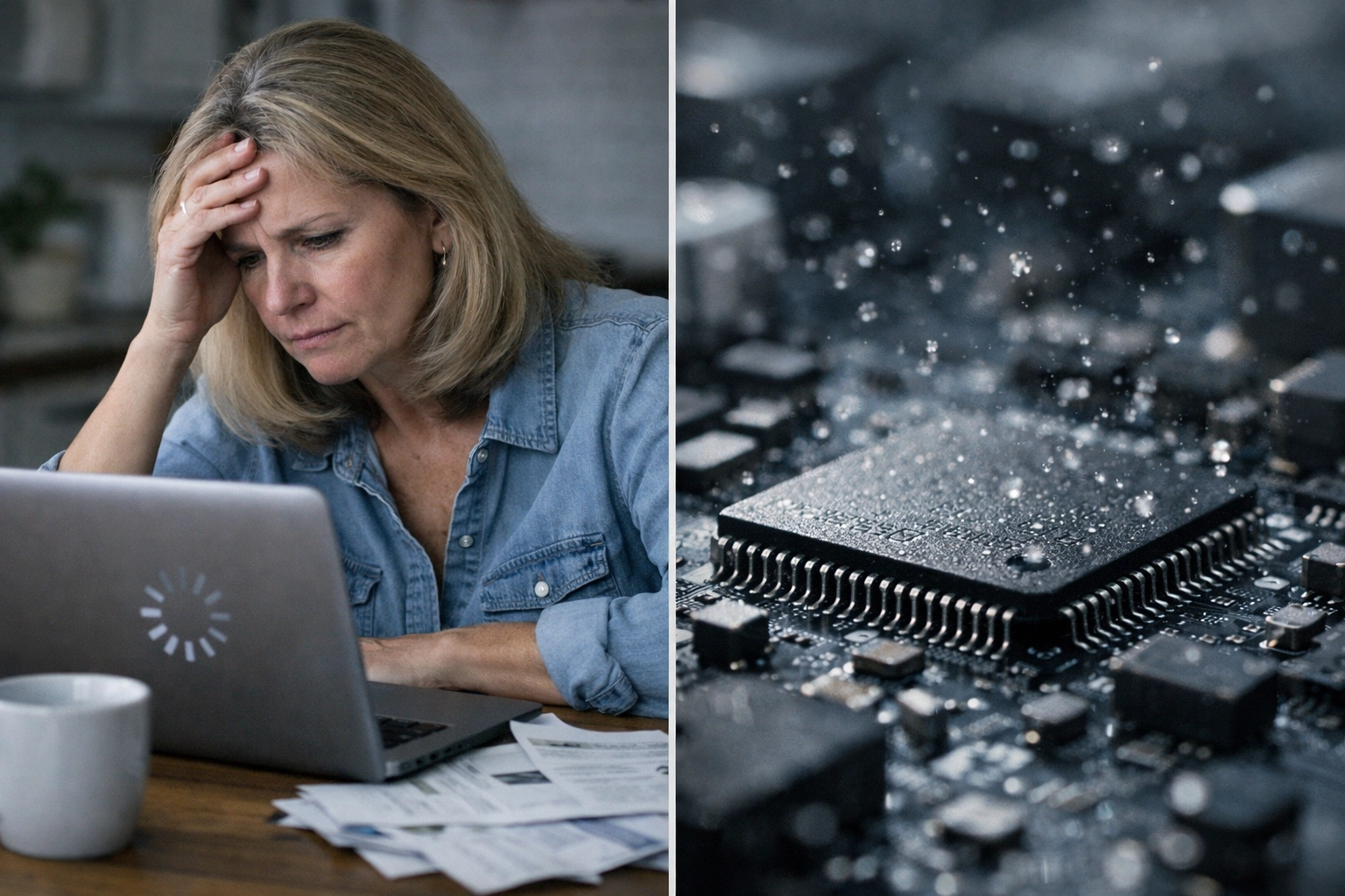 Split-screen of a stressed woman with a frozen laptop and close-up of a computer motherboard suggesting invisible malware threats